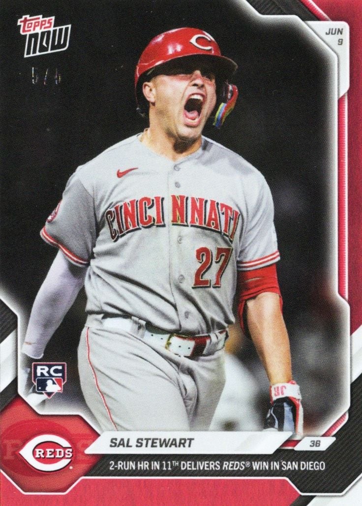 2026 Topps Now Sal Stewart #309 Red Foil /5 2nd Home Run in 11th Delivers Reds Win in San Diego Cincinnati Reds Rookie RC Baseball Card