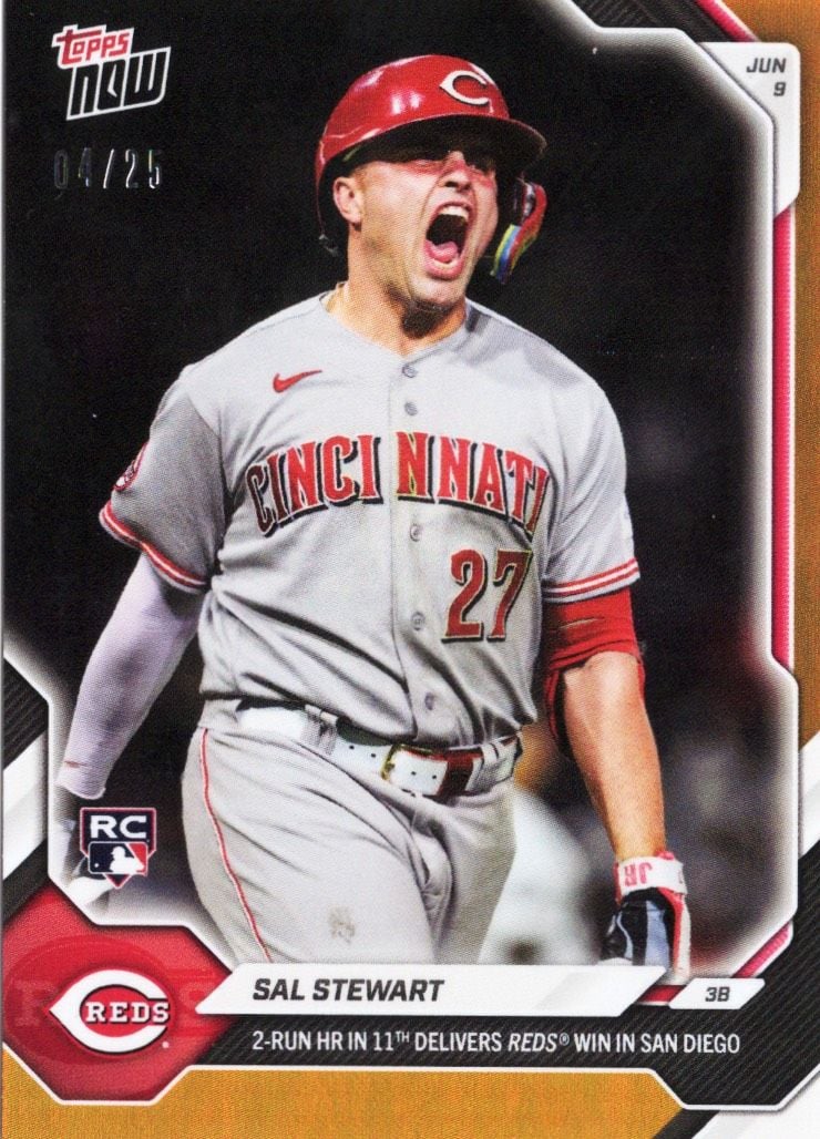 2026 Topps Now Sal Stewart #309 Orange Foil /25 2nd Home Run in 11th Delivers Reds Win in San Diego Cincinnati Reds Rookie RC Baseball Card