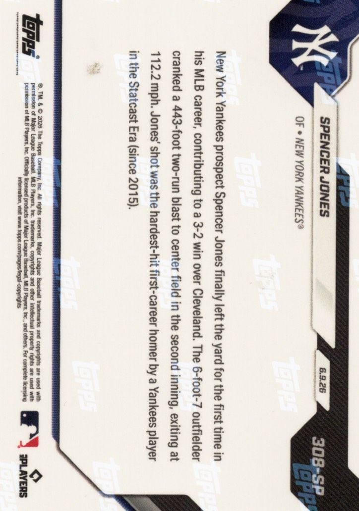 2026 Topps Now Spencer Jones #308SP Hardest Hit 1st Home Run by Club Player in Statcast Era New York Yankees Rookie RC Baseball Card