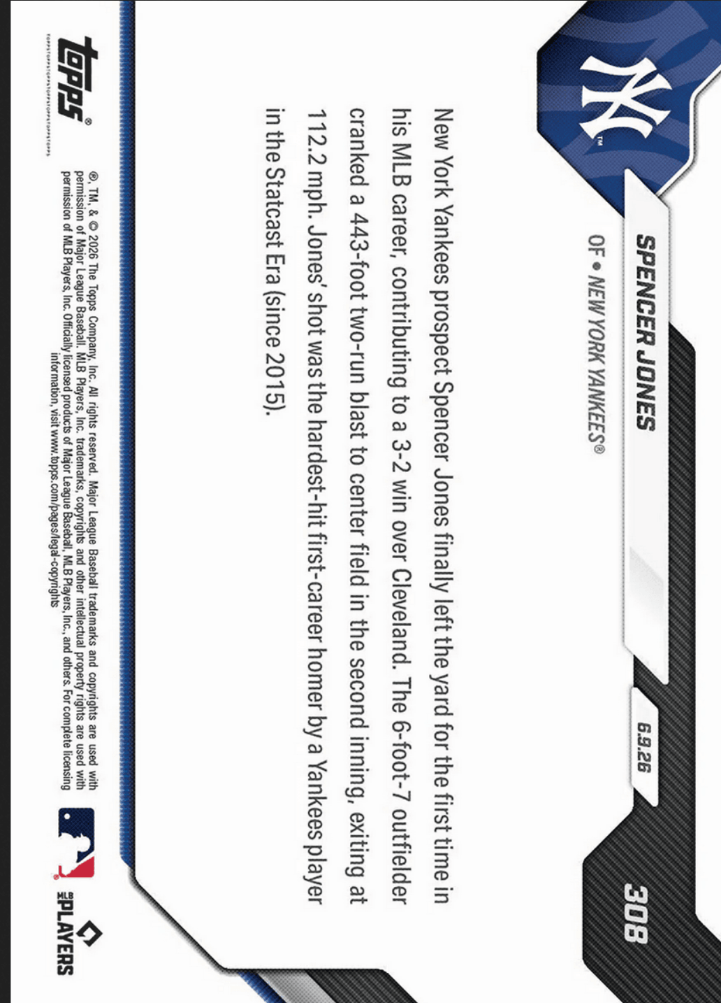 2026 Topps Now Spencer Jones #308 Orange Foil /25 Hardest Hit 1st Home Run by Club Player in Statcast Era New York Yankees Rookie RC Baseball Card