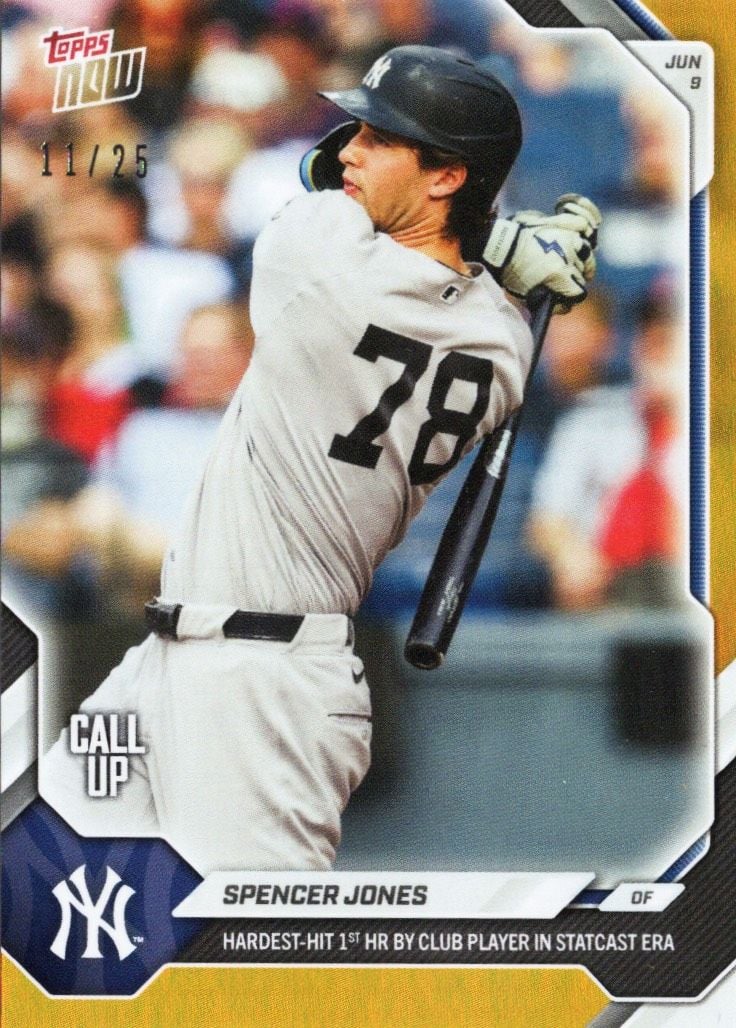 2026 Topps Now Spencer Jones #308 Orange Foil /25 Hardest Hit 1st Home Run by Club Player in Statcast Era New York Yankees Rookie RC Baseball Card