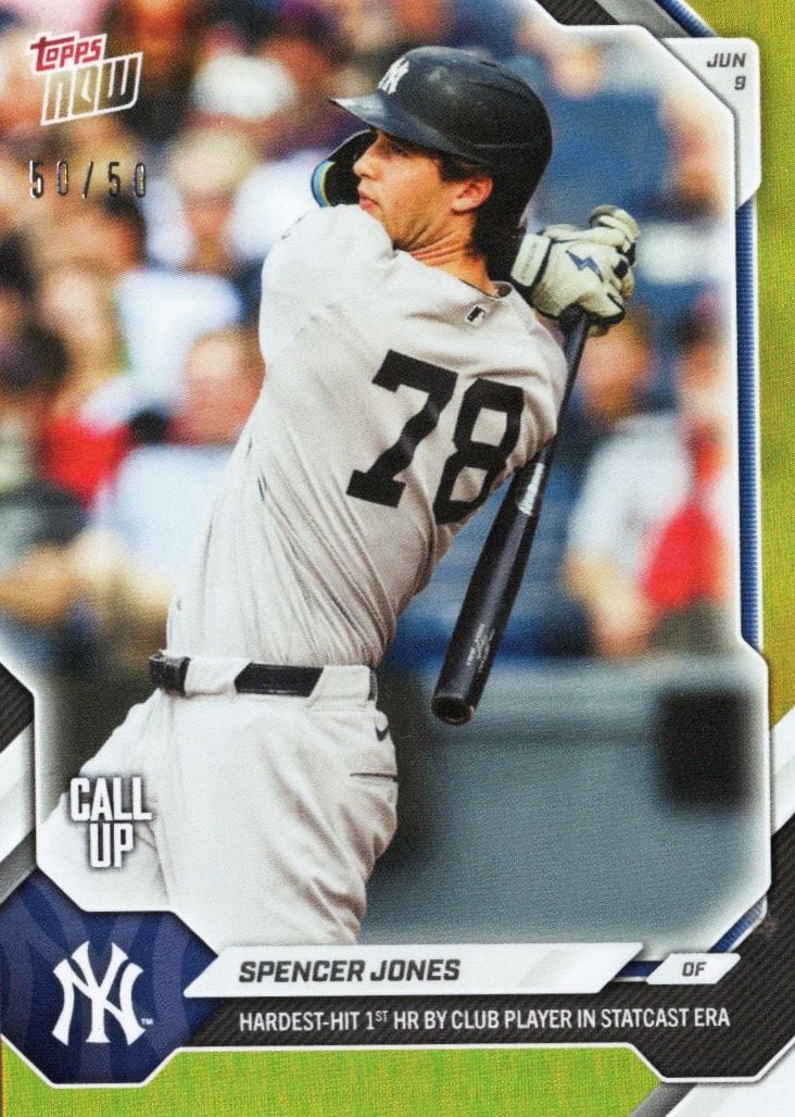 2026 Topps Now Spencer Jones #308 Gold Foil /50 Hardest Hit 1st Home Run by Club Player in Statcast Era New York Yankees Rookie RC Baseball Card