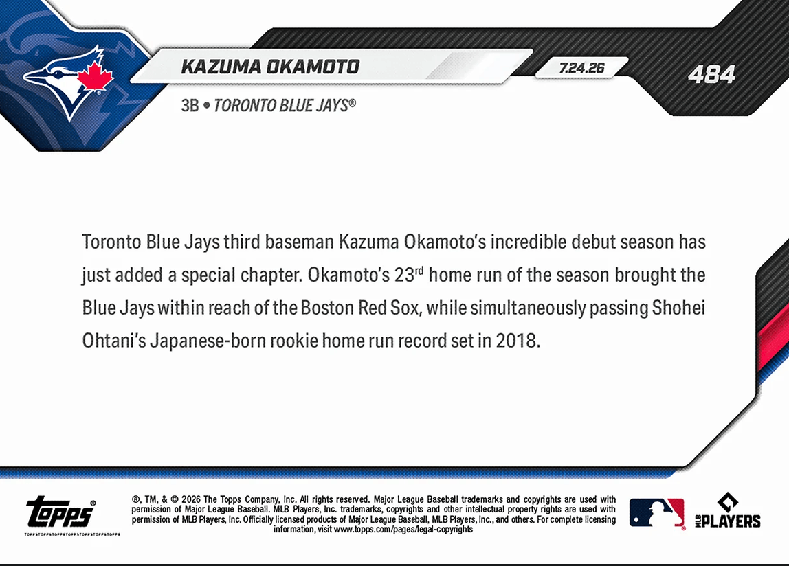 2026 Topps Now Kazuma Okamoto #484 23rd Longball Sets Japanese-Born Home Run Rookie Record Toronto Blue Jays Rookie RC Baseball Card