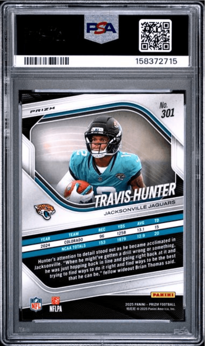 Graded 2025 Panini Prizm Travis Hunter #301 Lazer Prizm Rookie RC Football Card PSA 10 Gem Mint