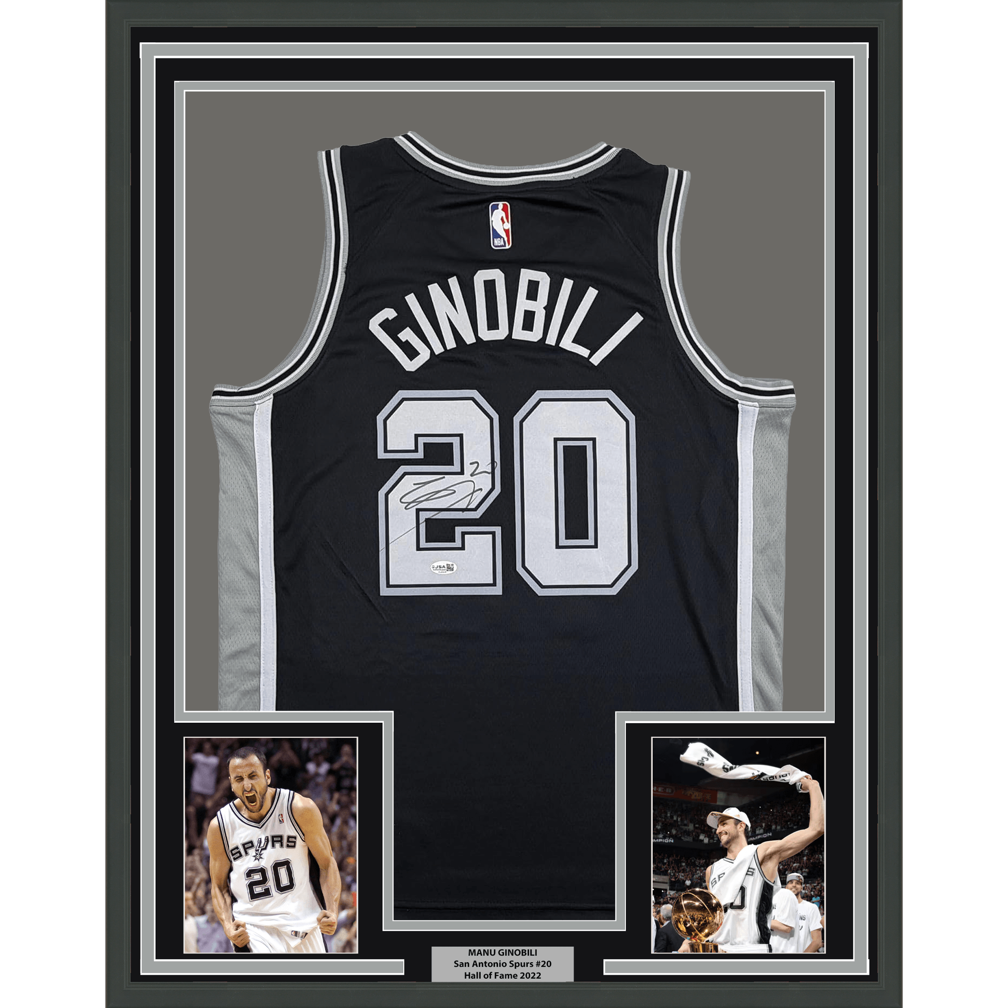 Framed Autographed/Signed Manu Ginobili 35x39 San Antonio Spurs Black Authentic Basketball Jersey JSA COA