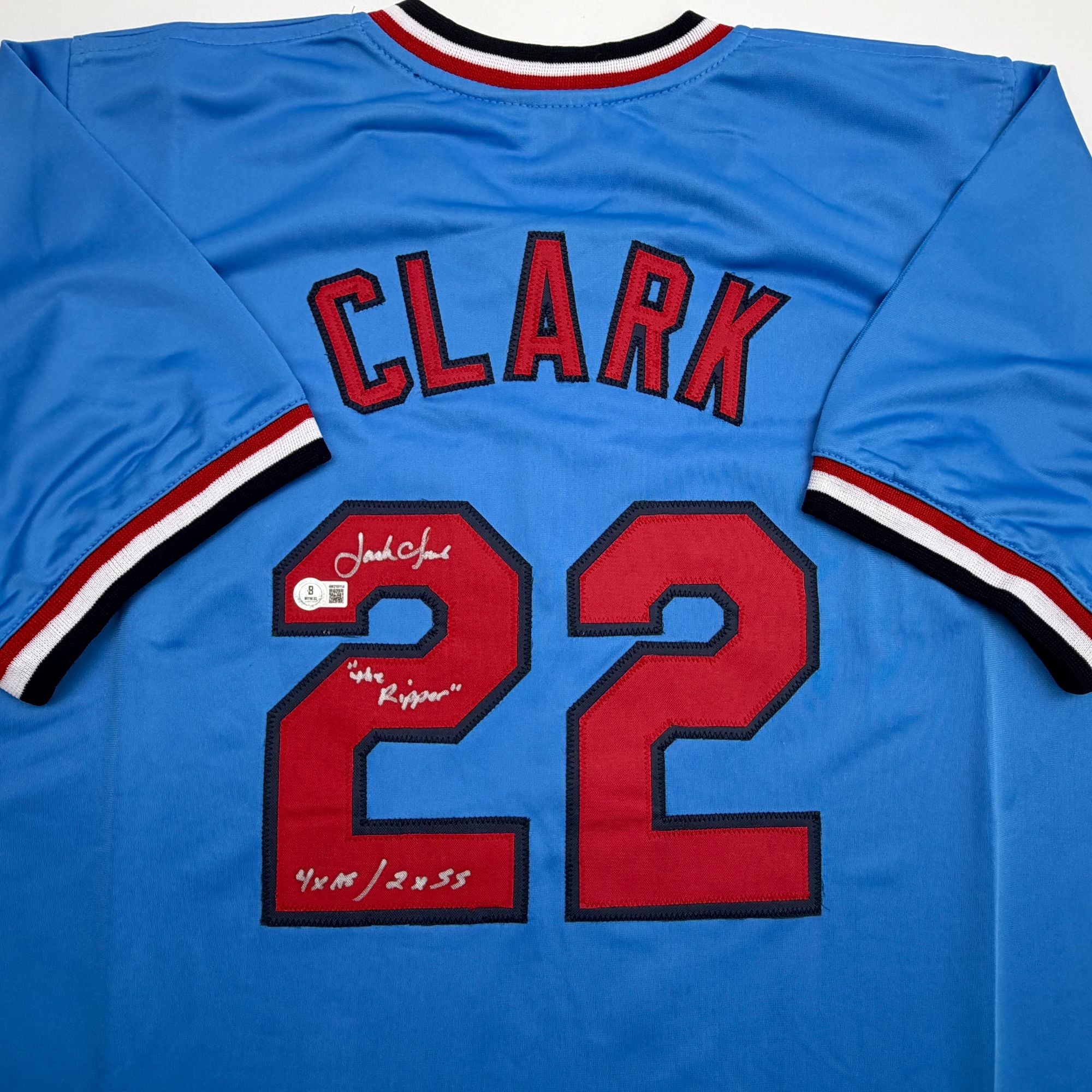 Autographed/Signed Jack Clark St. Louis Blue Baseball Jersey Beckett BAS COA