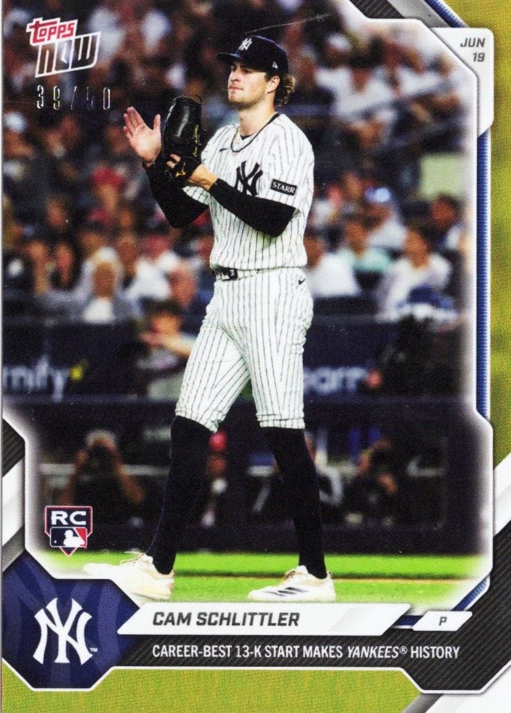 2026 Topps Now Cam Schlittler #355 Gold Foil /50 Career Best 13K Start Makes Yankees History New York Yankees Rookie RC Baseball Card