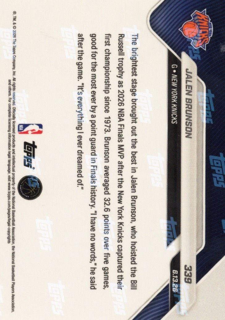 2025 Topps Now Jalen Brunson #339 Orange Foil /25 2026 NBA Finals Most Valuable Player New York Knicks Basketball Card