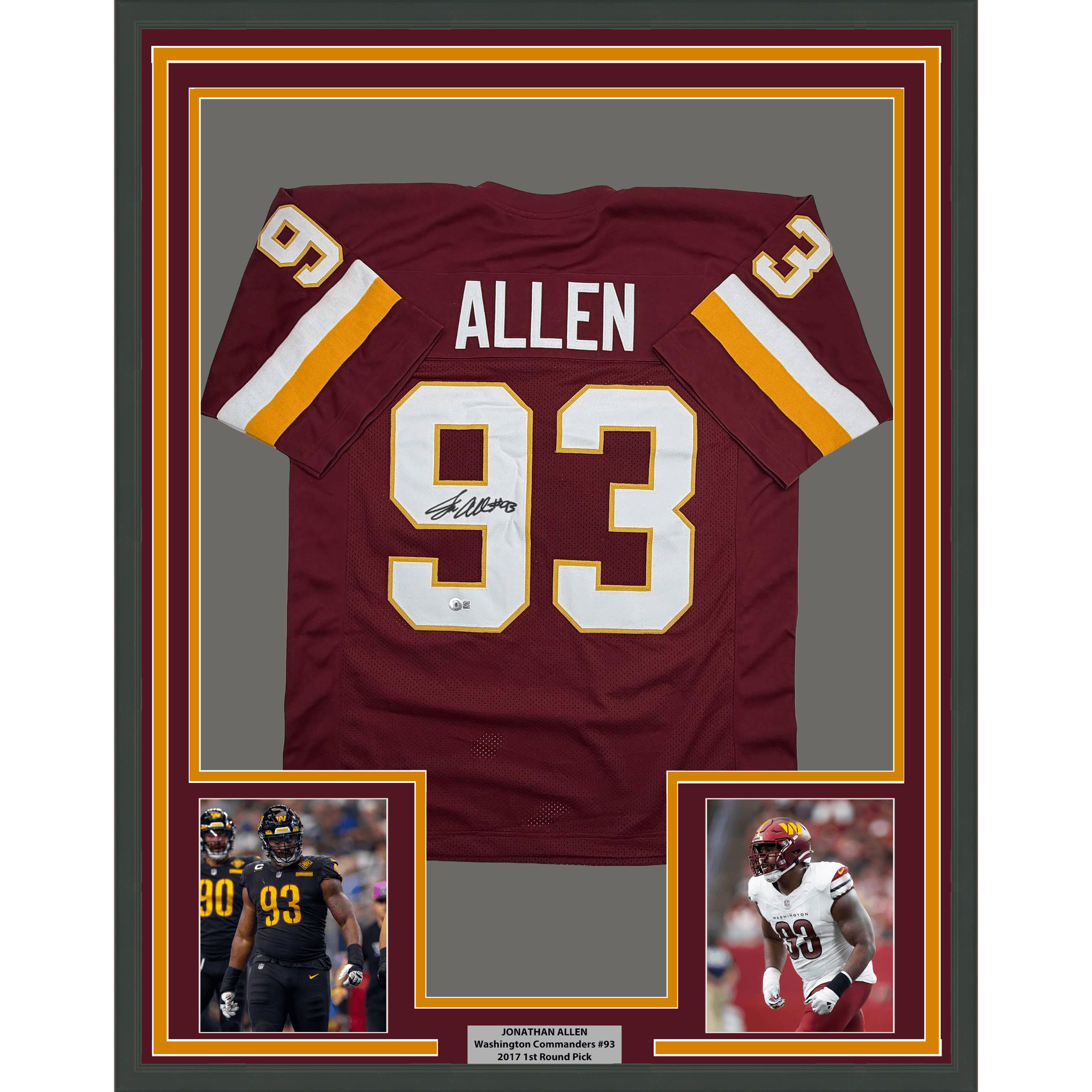Framed Autographed/Signed Jonathan Allen 35x39 Washington Maroon Football Jersey JSA COA