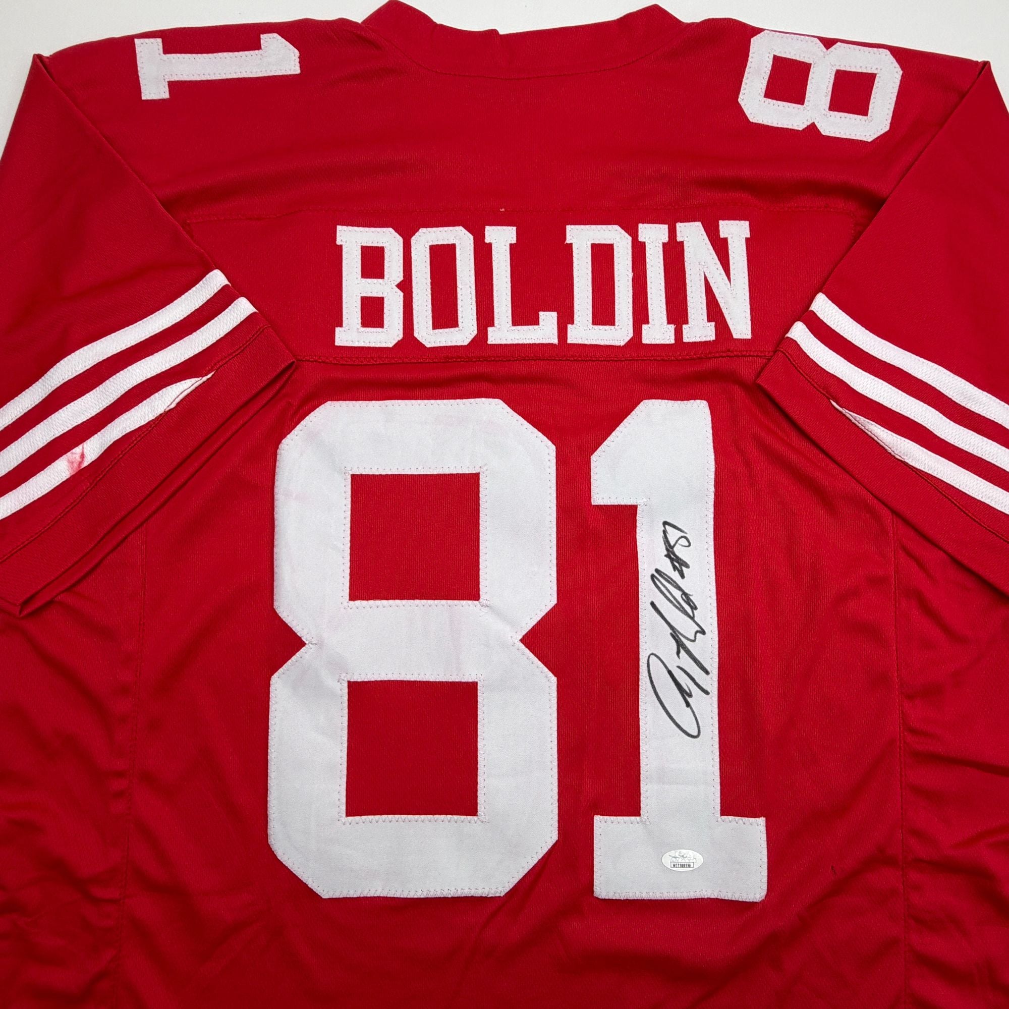Autographed/Signed Anquan Boldin San Francisco Red Football Jersey JSA COA
