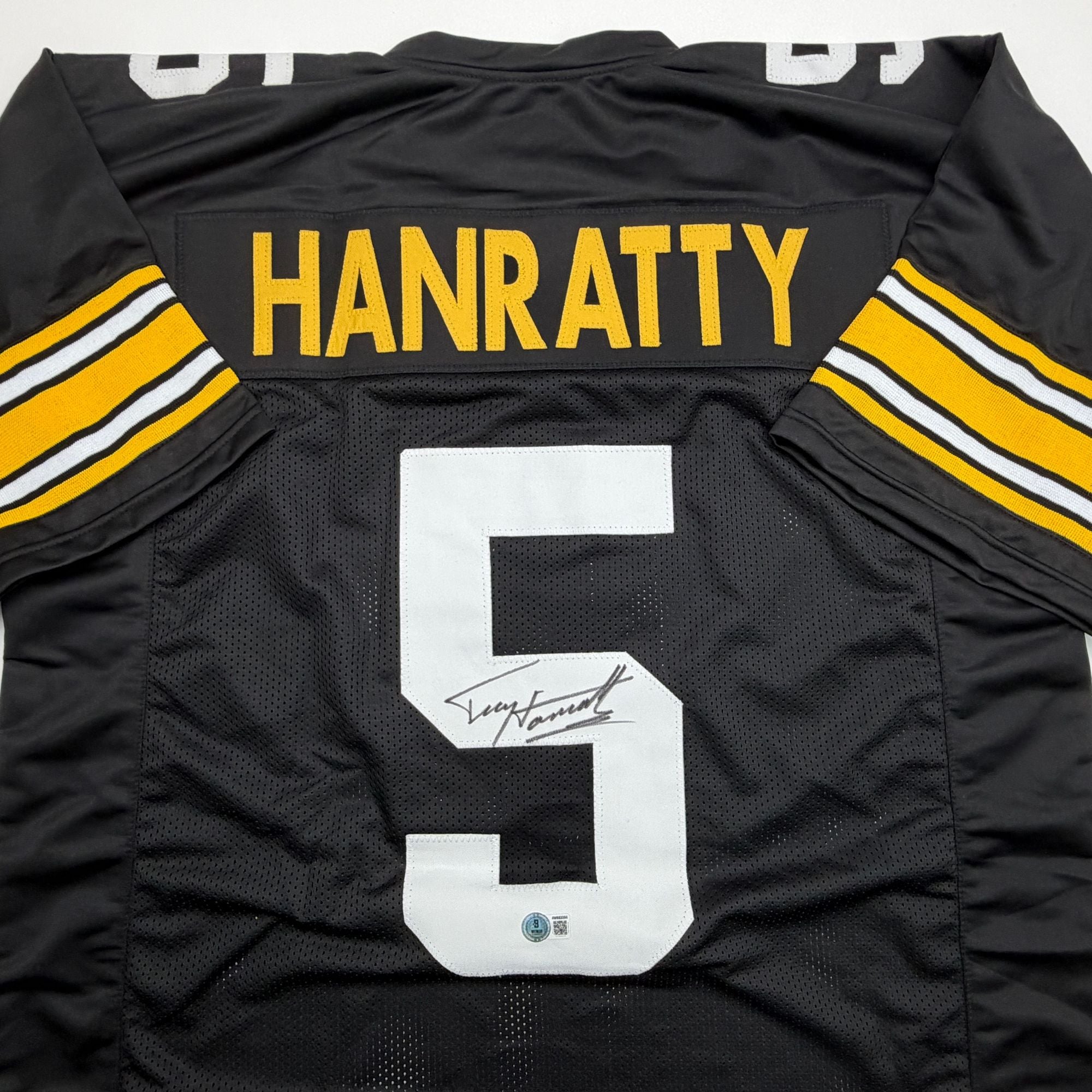 Autographed/Signed Terry Hanratty Pittsburgh Black Football Jersey Beckett BAS COA