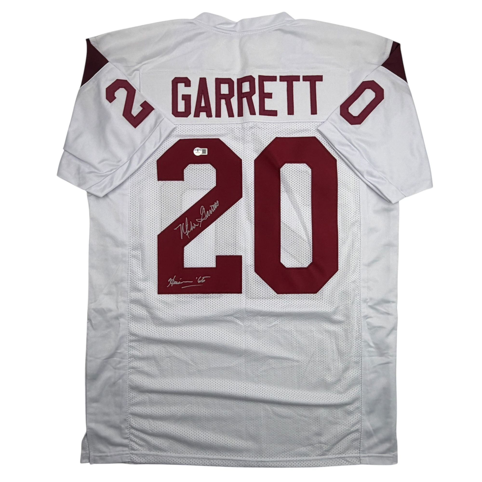 Autographed/Signed Mike Garrett Heisman 65 USC Southern Cal White College Football Jersey Beckett BAS COA