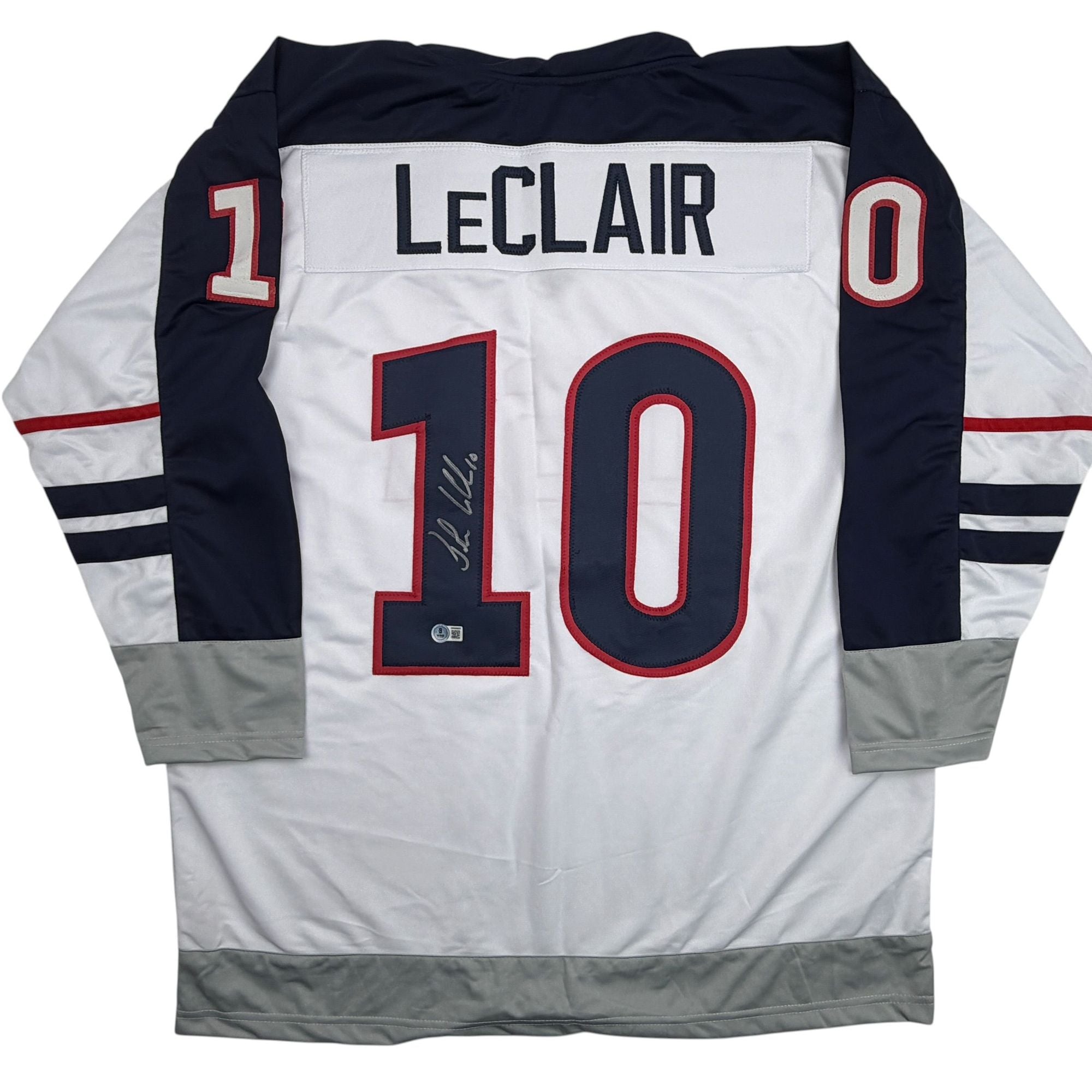 Autographed/Signed John LeClair United States Team USA White Hockey Jersey Beckett BAS COA
