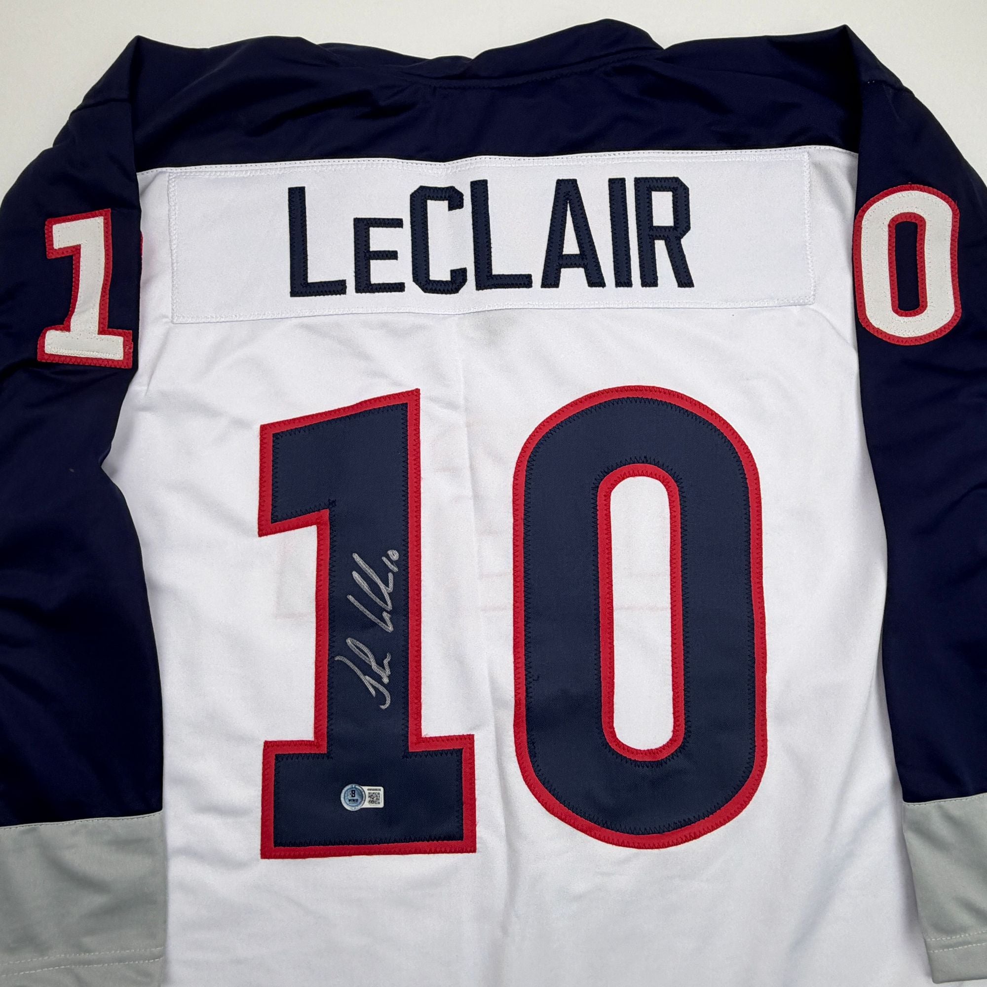 Autographed/Signed John LeClair United States Team USA White Hockey Jersey Beckett BAS COA