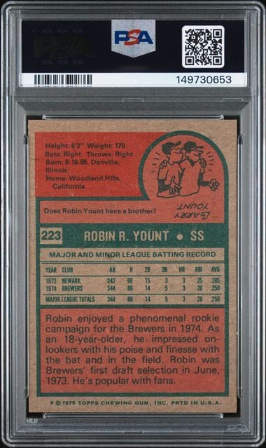Graded 1975 Topps Robin Yount #223 Rookie RC Baseball Card PSA 6 EX-MT