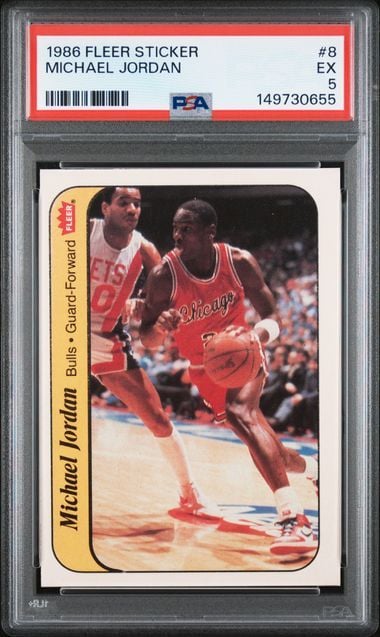 Graded 1986 Fleer Sticker Michael Jordan #8 Rookie RC Basketball Card PSA 5 Excellent