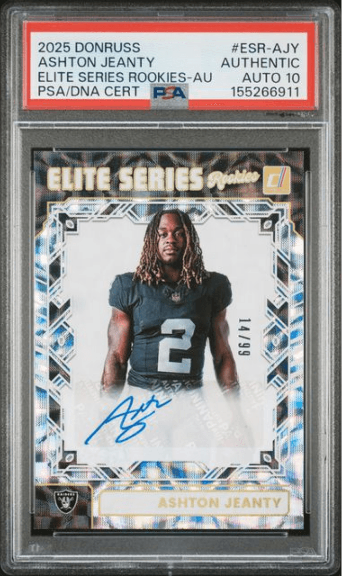 Graded 2025 Panini Donruss Ashton Jeanty #ESRAJY Elite Series Rookies Auto /99 Rookie RC Football Card Authentic Auto PSA 10 Gem Mint