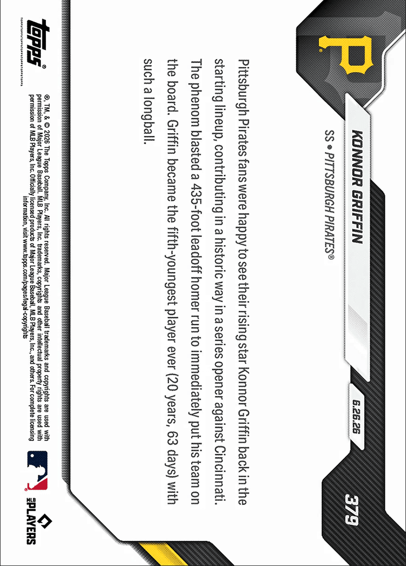 2026 Topps Now Konnor Griffin #379 5th Youngest in MLB History to Hit Leadoff Home Run Pittsburgh Pirates Rookie RC Baseball Card