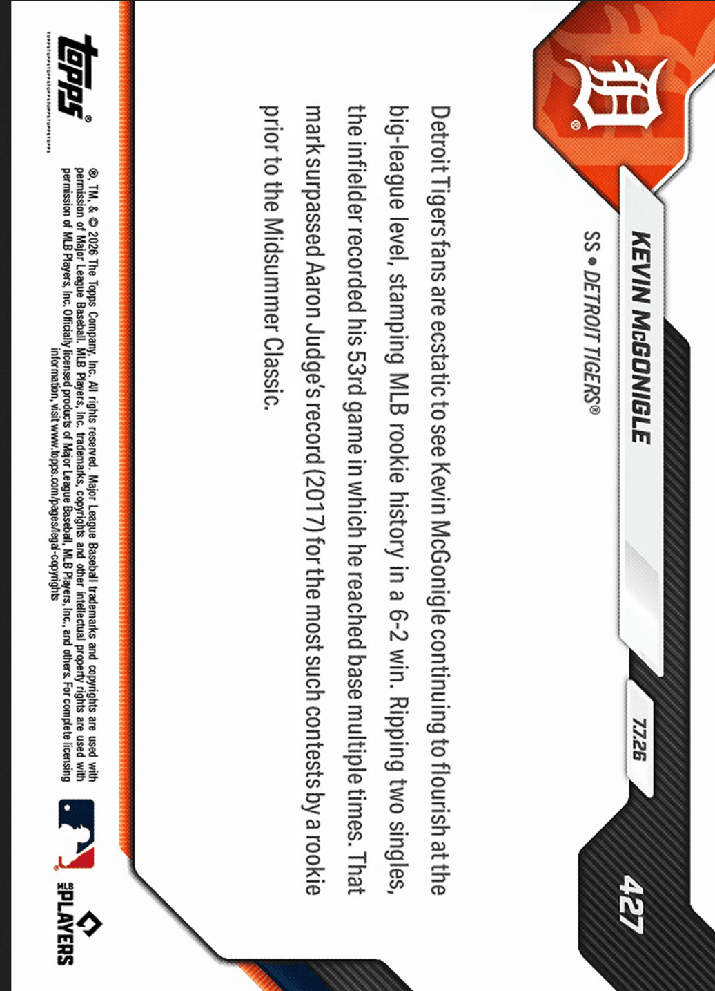 2026 Topps Now Kevin McGonigle #427 Orange Foil /25 53rd Multiple On Base Game Sets MLB Rookie Mark Detroit Tigers Rookie RC Baseball Card