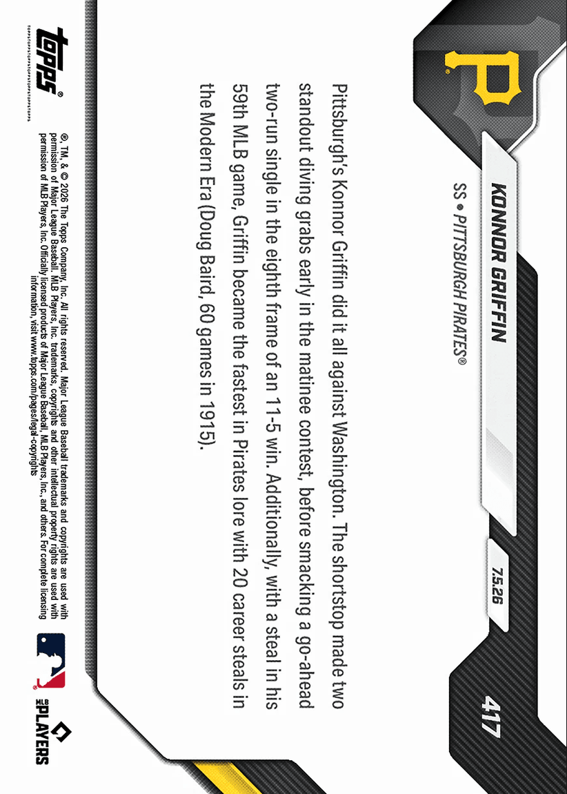 2026 Topps Now Konnor Griffin #417 2 Diving Grabs, Go Ahead Hit Fuel Pirates Win Pittsburgh Pirates Rookie RC Baseball Card