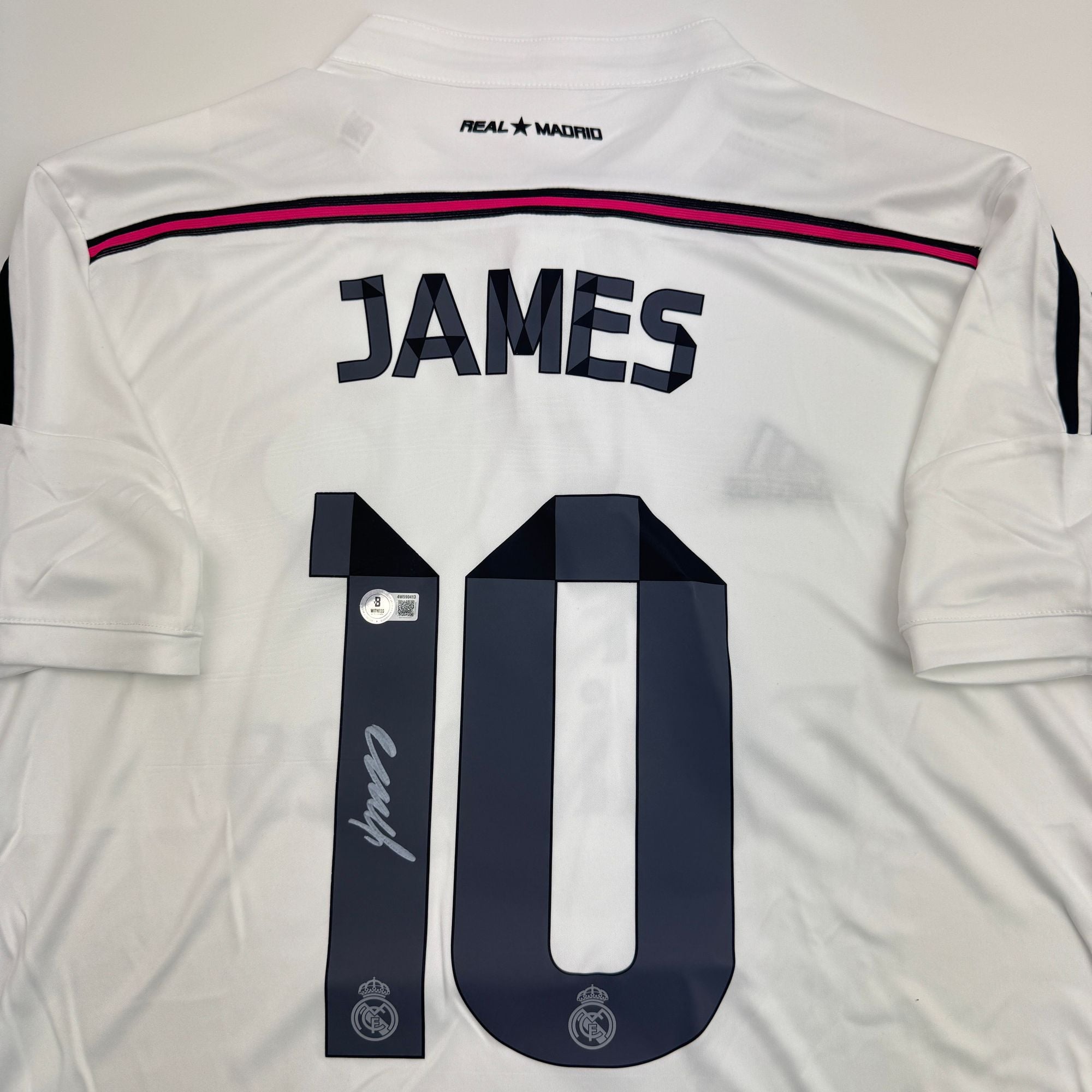 Autographed/Signed James Rodriguez Real Madrid White Soccer Futbol Jersey Beckett BAS COA