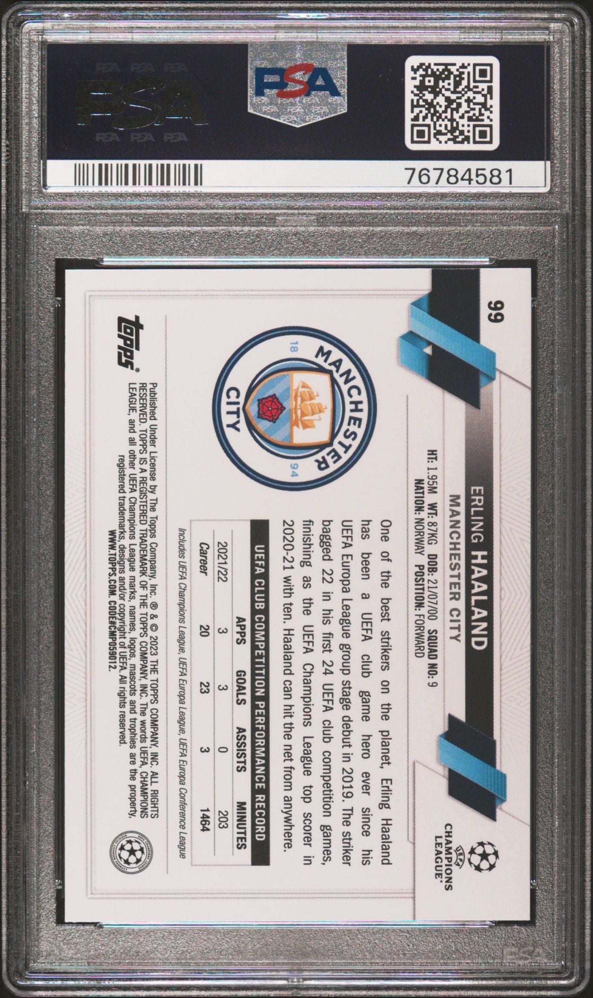 Graded 2022 Topps UEFA CC Erling Haaland #99 1st Edition Club Competitions Soccer Card PSA 10 Gem Mint