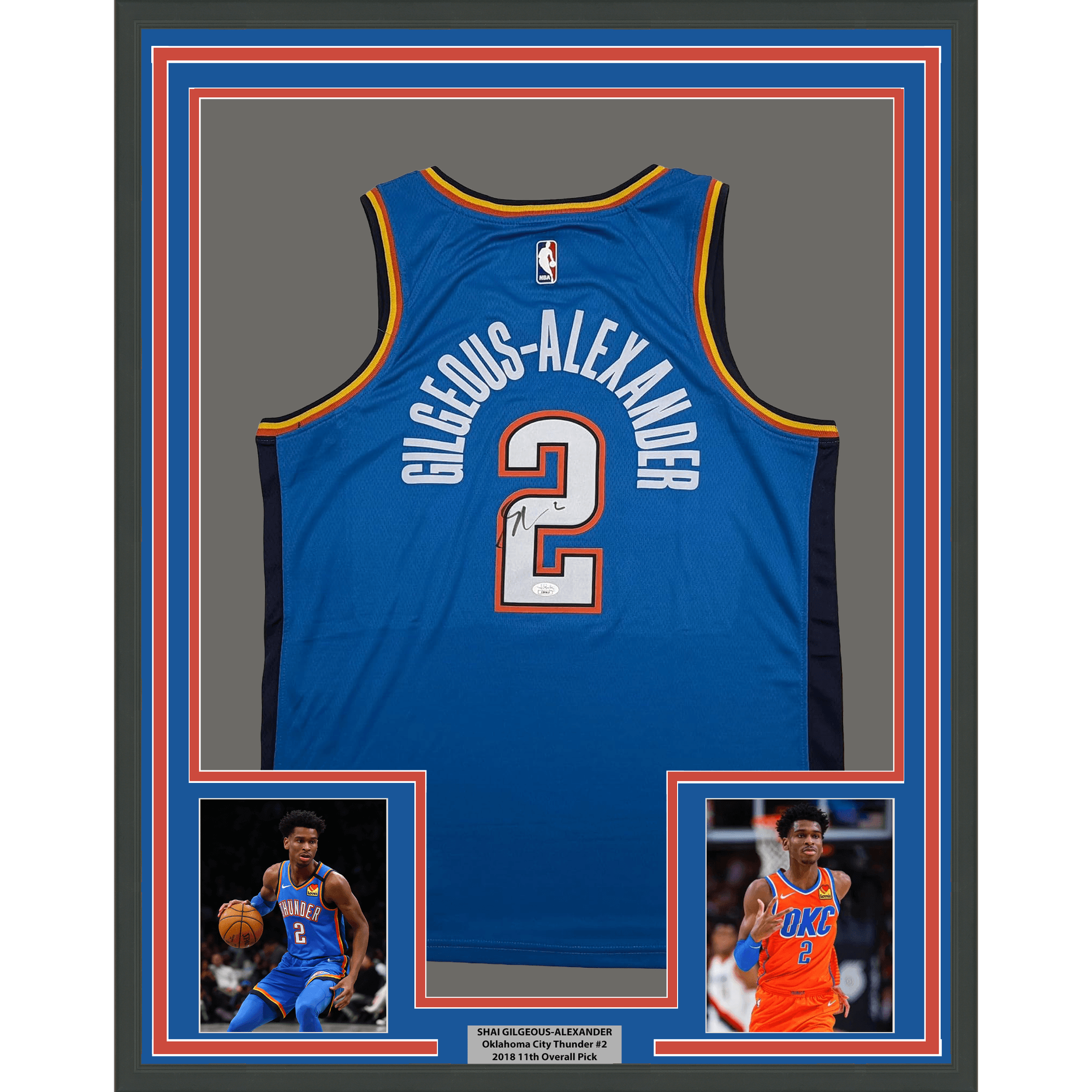 Framed Autographed/Signed Shai Gilgeous-Alexander 35x39 SGA Oklahoma City OKC Thunder Blue Authentic Basketball Jersey JSA COA