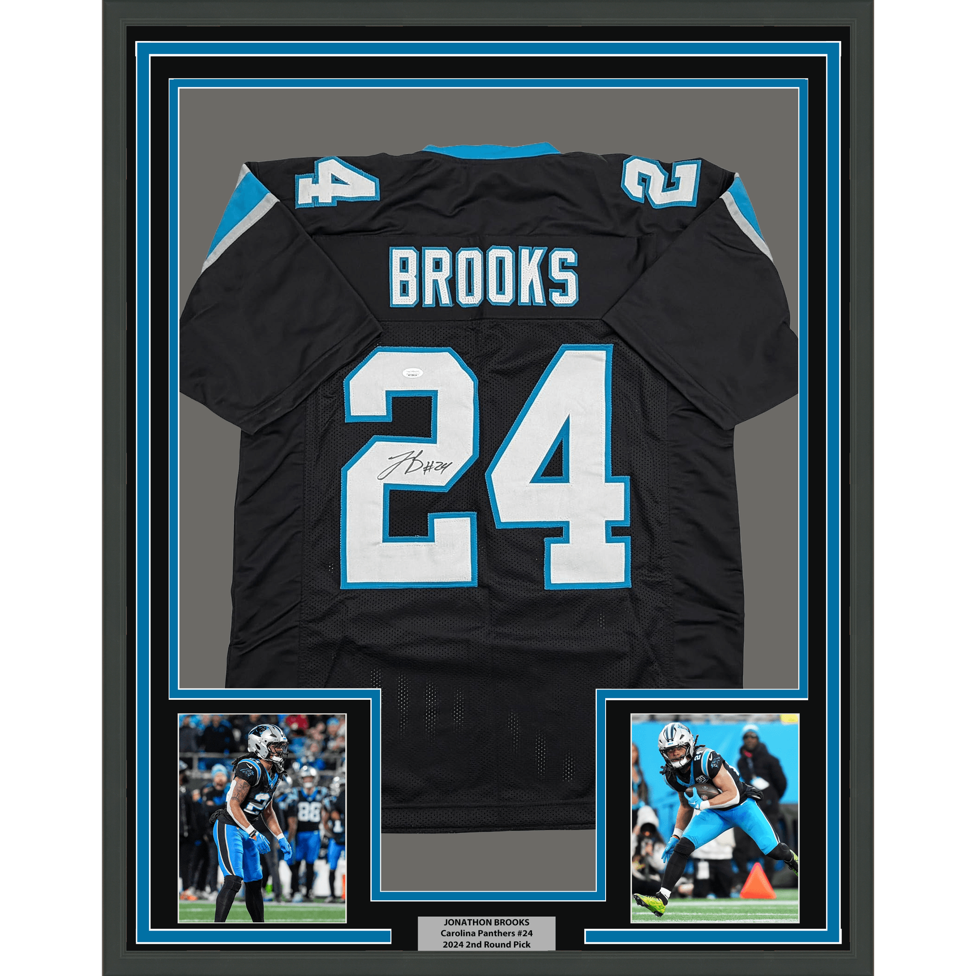 Framed Autographed/Signed Jonathon Brooks 35x39 Carolina Black Football Jersey JSA COA