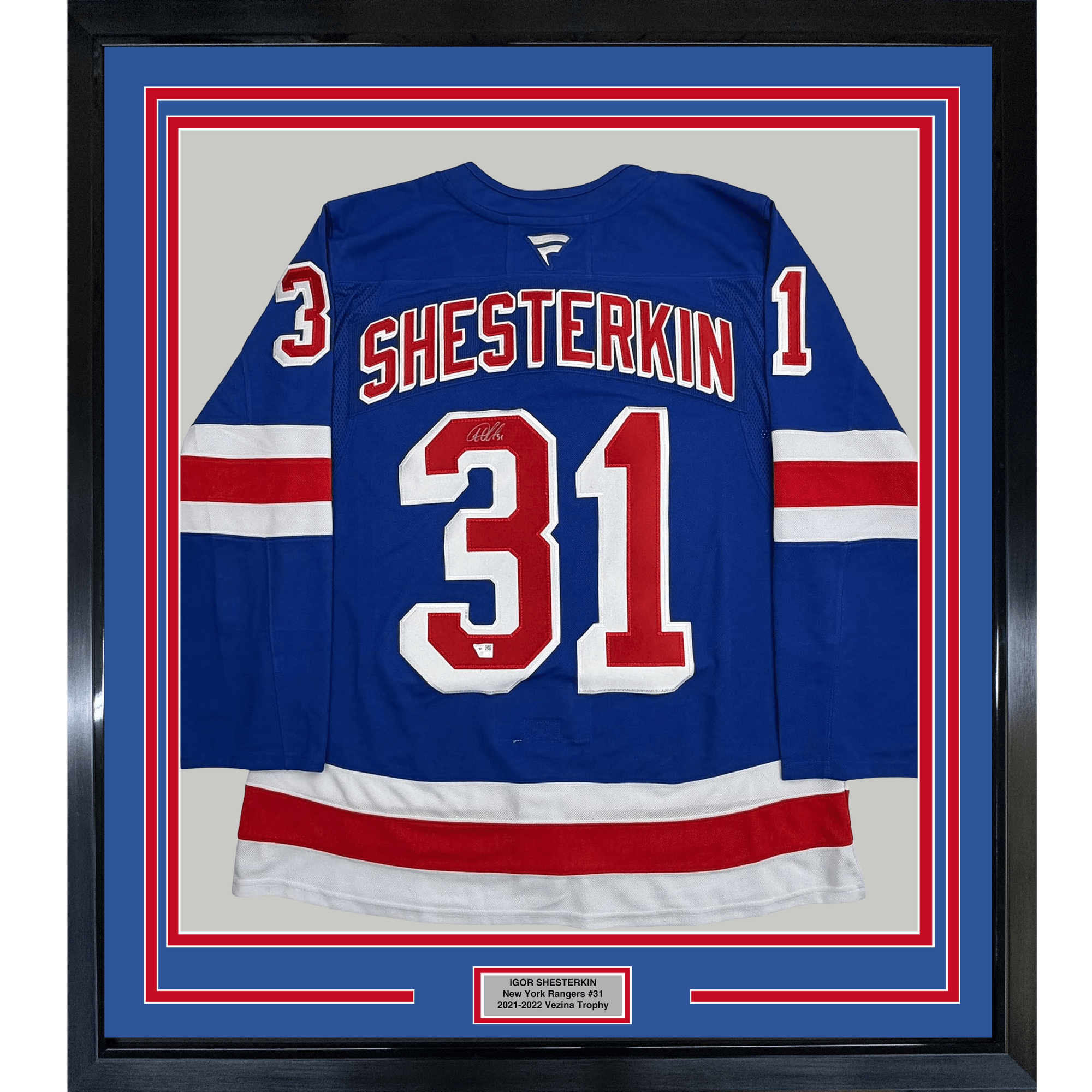 Framed Autographed/Signed 35x39 Igor Shesterkin New York Rangers Blue Authentic Hockey Jersey Fanatics COA