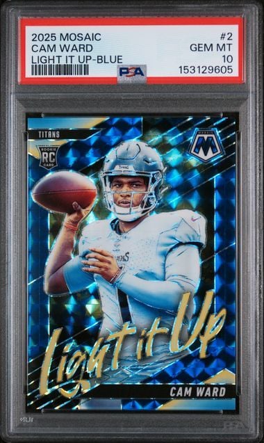 Graded 2025 Panini Mosaic Cam Ward #2 Light It Up Blue /99 Rookie RC Football Card PSA 10 Gem Mint