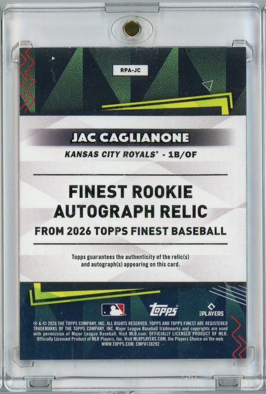 2026 Topps Finest Jac Caglianone #RPA-JC Finest Rookie Autograph Relic Orange /25 Rookie RC Baseball Card