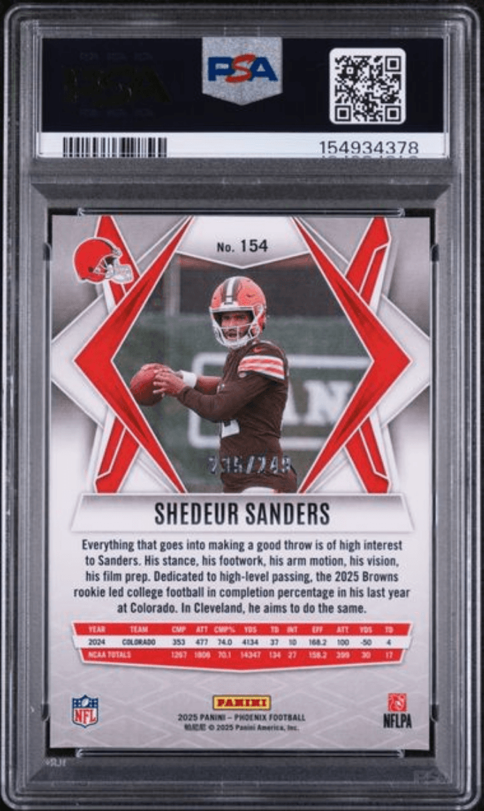 Graded 2025 Panini Phoenix Shedeur Sanders #154 Purple Hyper /249 Rookie RC Football Card PSA 10 Gem Mint