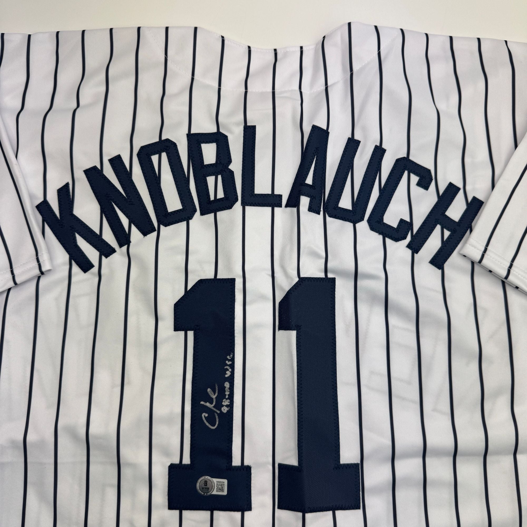 Autographed/Signed Chuck Knoblauch "98-00 WSC" New York Pinstripe Baseball Jersey Beckett BAS COA