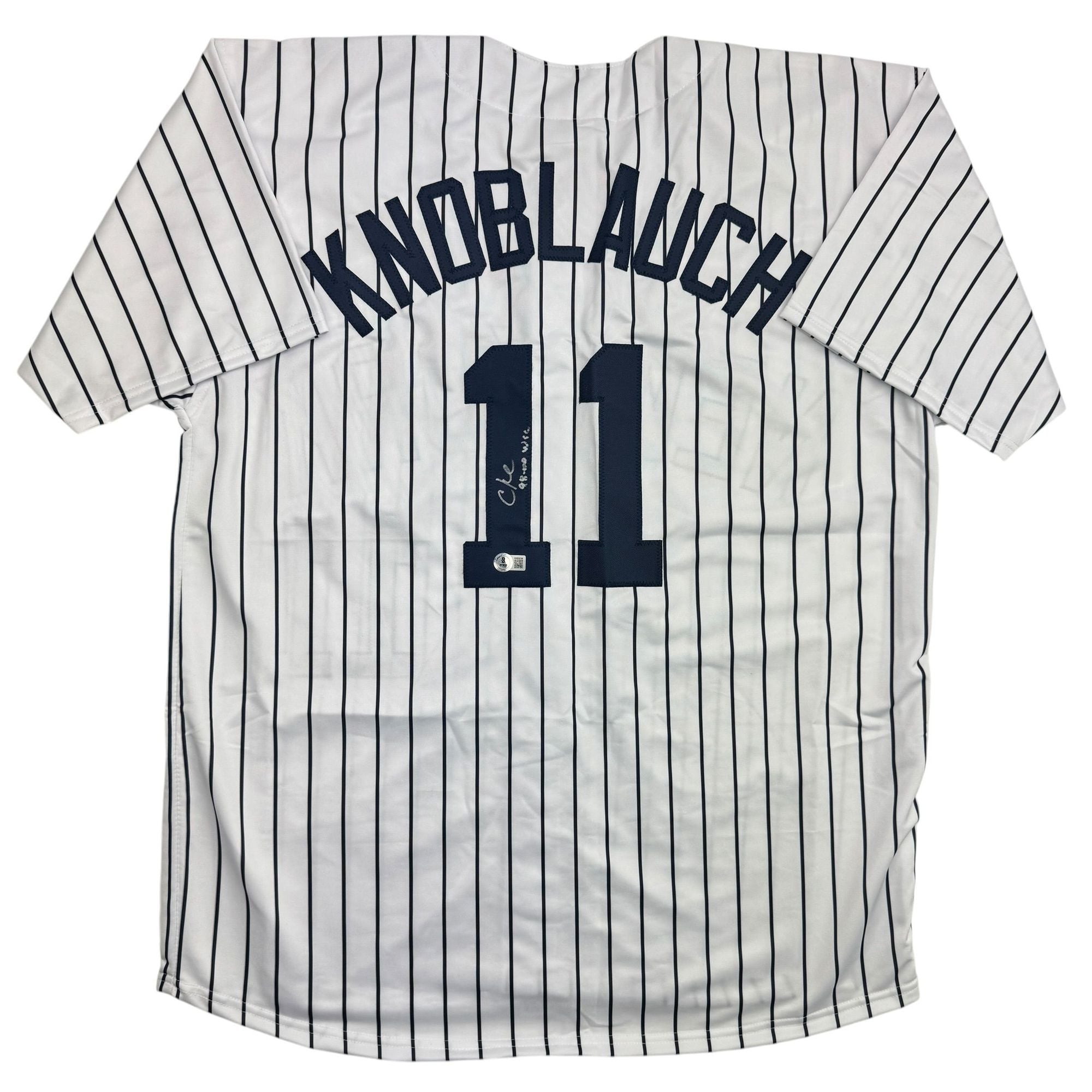 Autographed/Signed Chuck Knoblauch "98-00 WSC" New York Pinstripe Baseball Jersey Beckett BAS COA