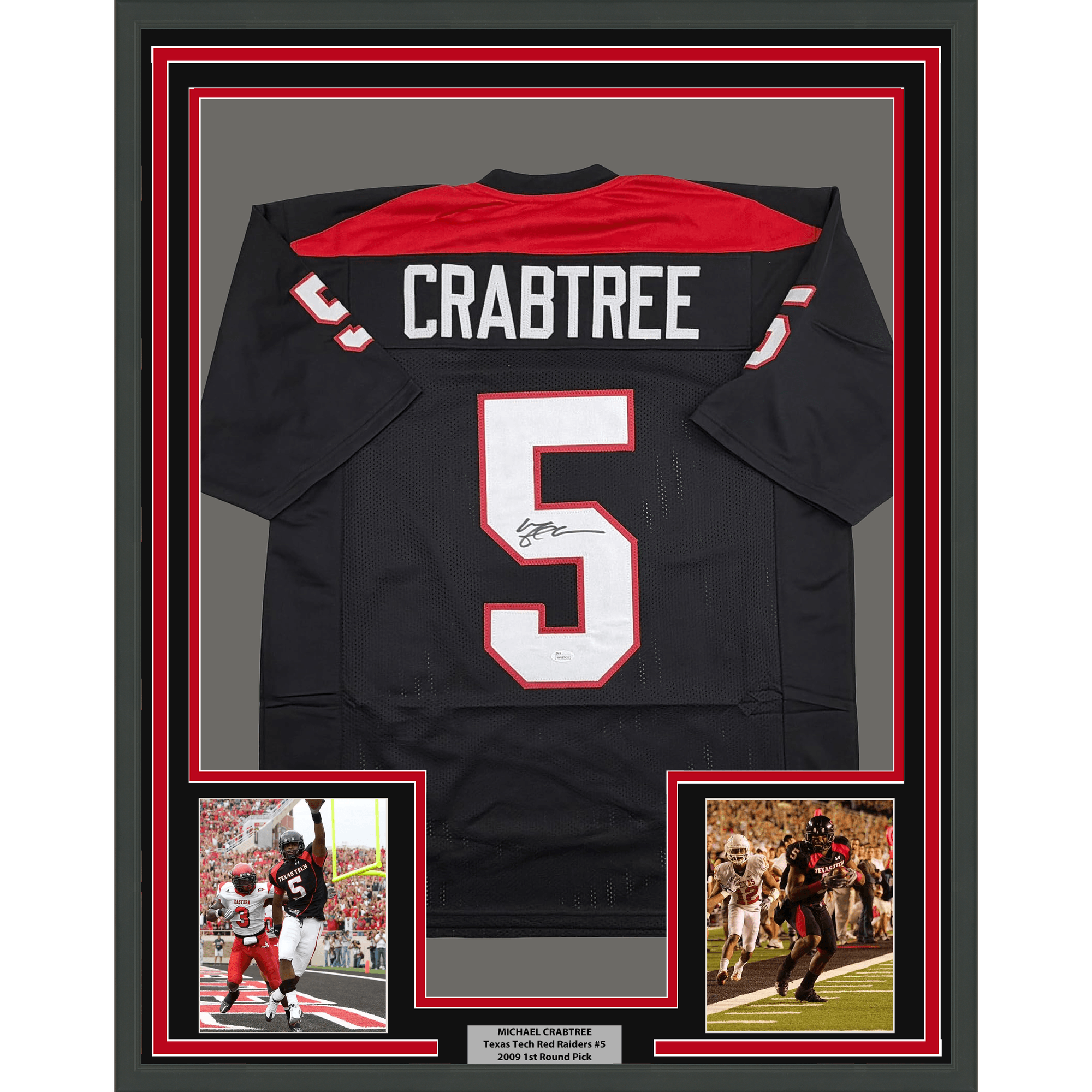 Framed Autographed/Signed Michael Crabtree 35x39 Texas Tech Black College Football Jersey JSA COA