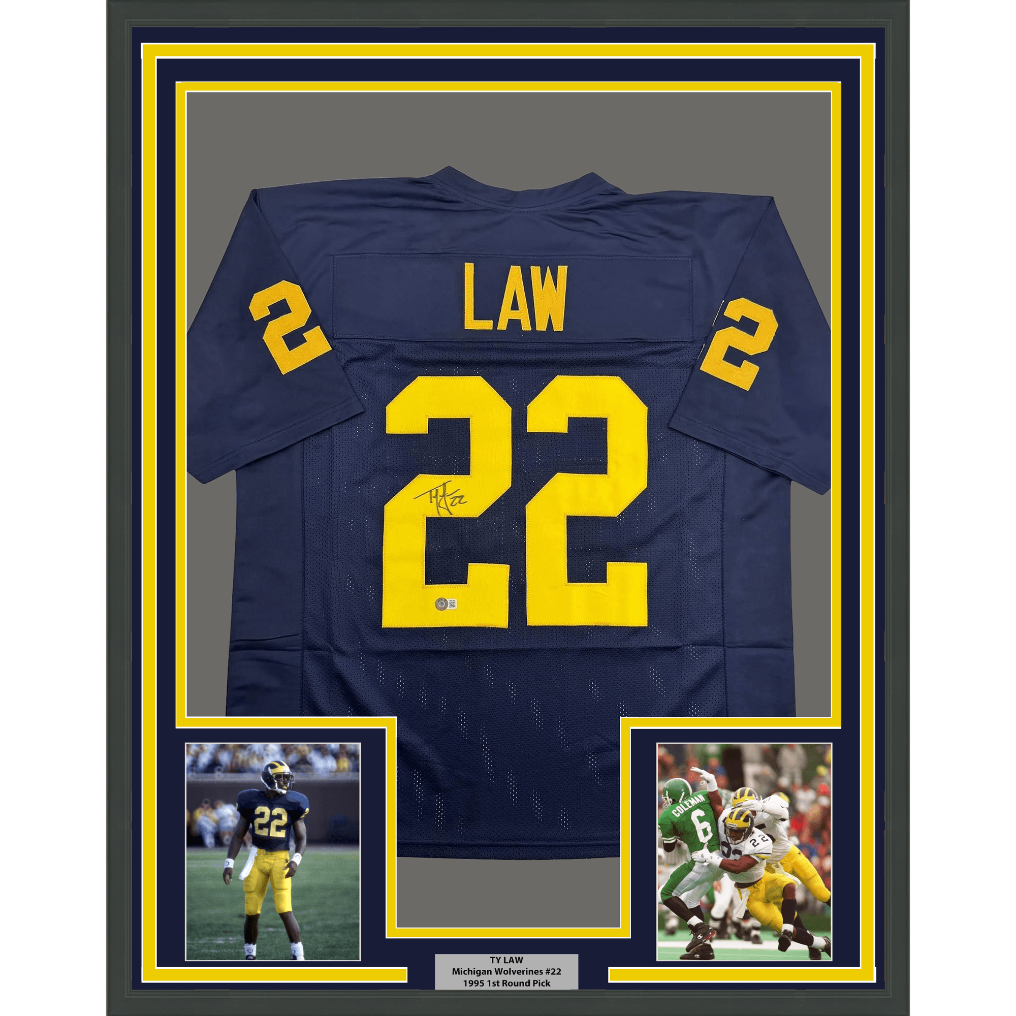 Framed Autographed/Signed Ty Law 35x39 Michigan Blue College Football Jersey Beckett BAS COA