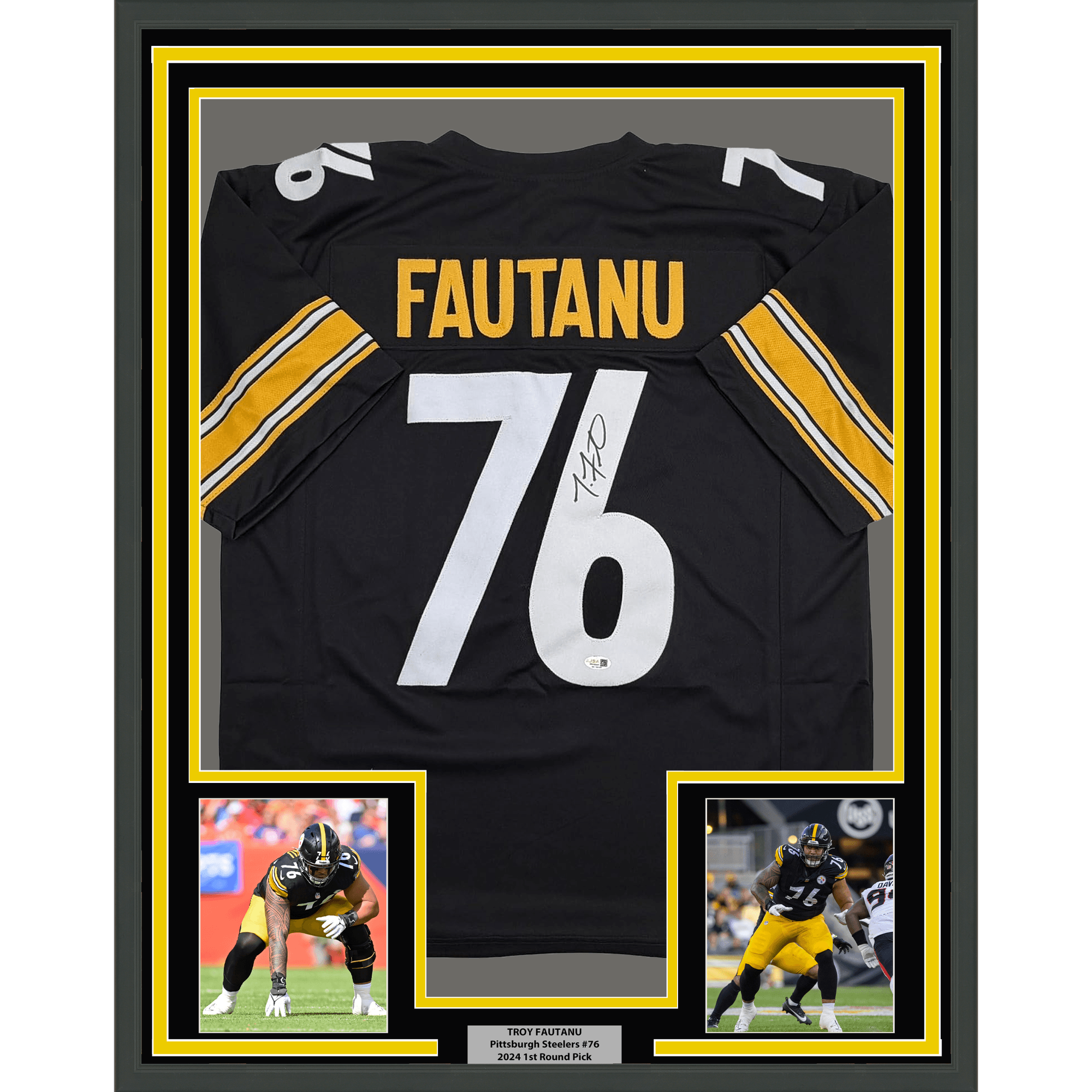Framed Autographed/Signed Troy Fautanu 35x39 Pittsburgh Black Football Jersey JSA COA