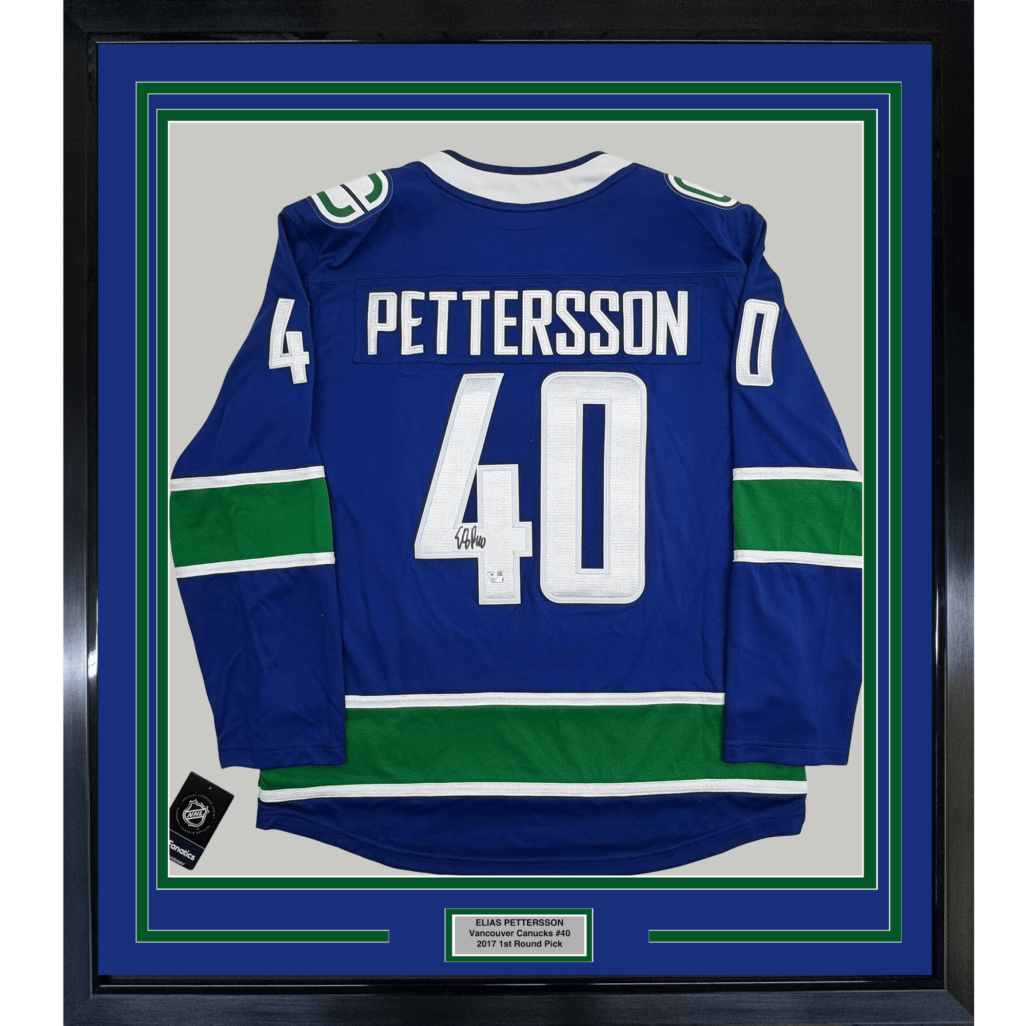 Framed Autographed/Signed Elias Pettersson 35x39 Vancouver Canucks Blue Authentic Hockey Jersey Fanatics COA