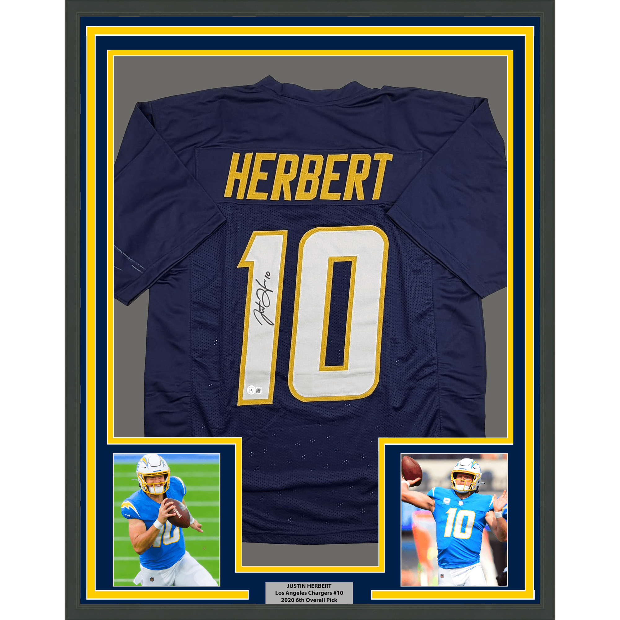 Framed Autographed/Signed Justin Herbert 35x39 Los Angeles San Diego Navy Blue Football Jersey Beckett BAS COA