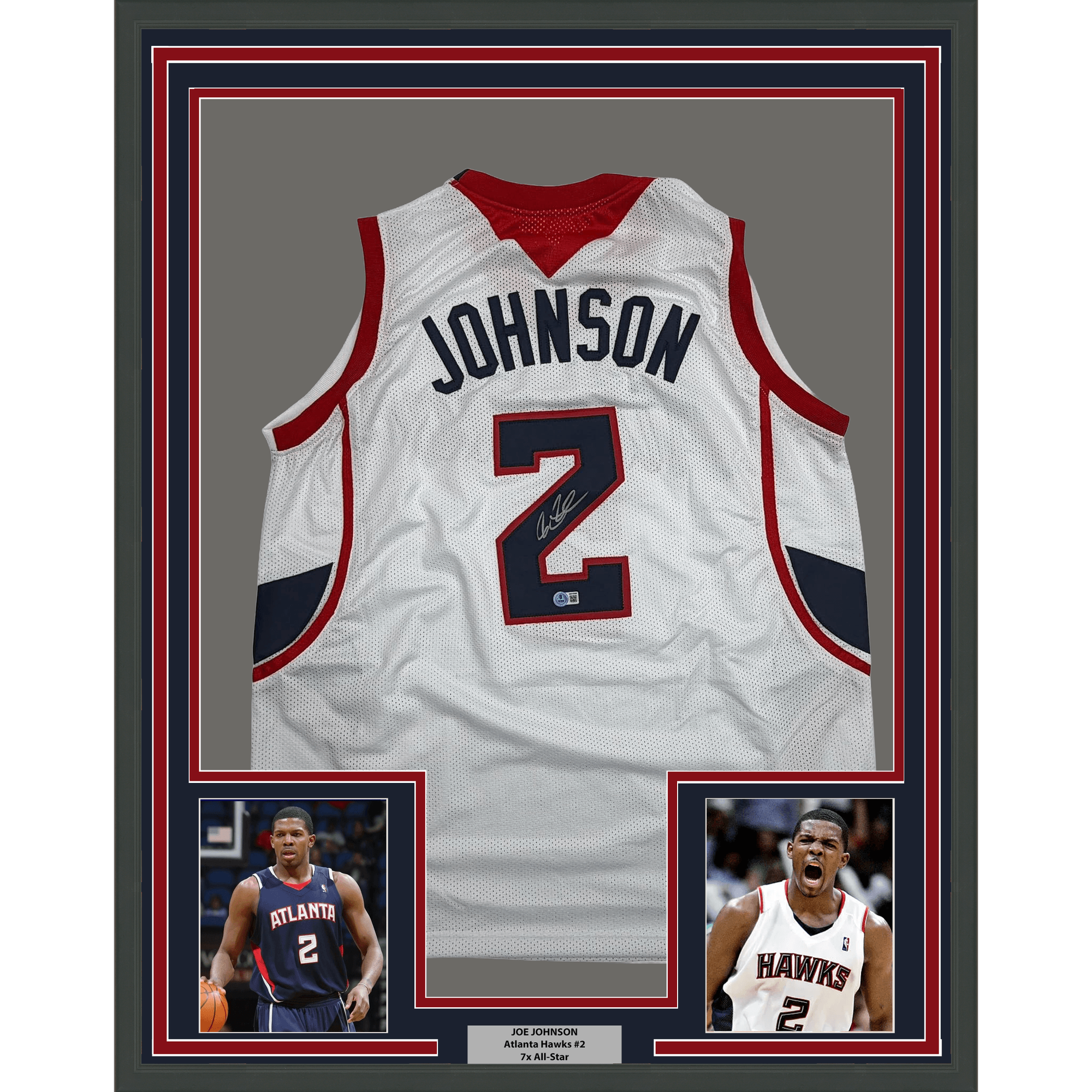 Framed Autographed/Signed Joe Johnson 35x39 Atlanta White Basketball Jersey Beckett BAS COA