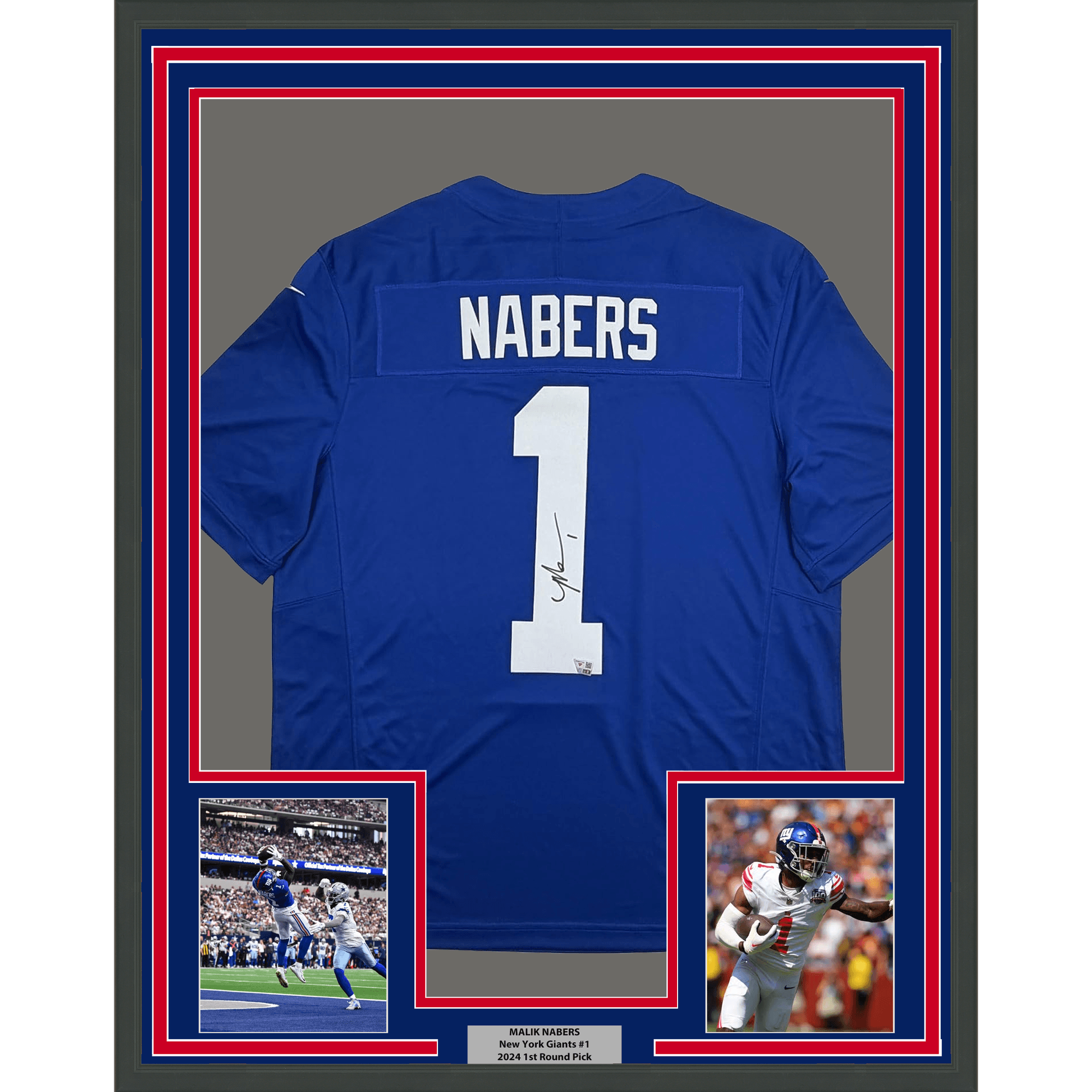 Framed Autographed/Signed Malik Nabers 35x39 New York Giants Blue Authentic Football Jersey Fanatics COA