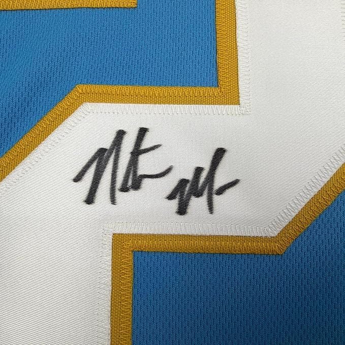 Framed Autographed/Signed Natrone Means 35x39 Los Angeles San Diego Powder Blue Football Jersey Beckett BAS COA