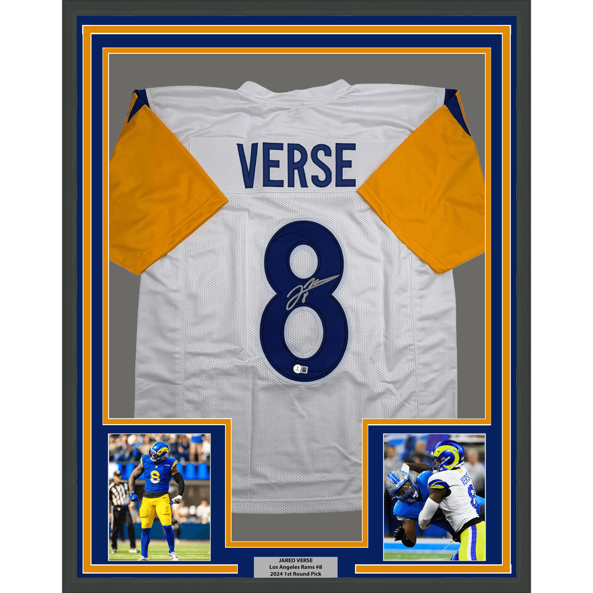 Framed Autographed/Signed Jared Verse 35x39 Los Angeles LA White Football Jersey Beckett BAS COA