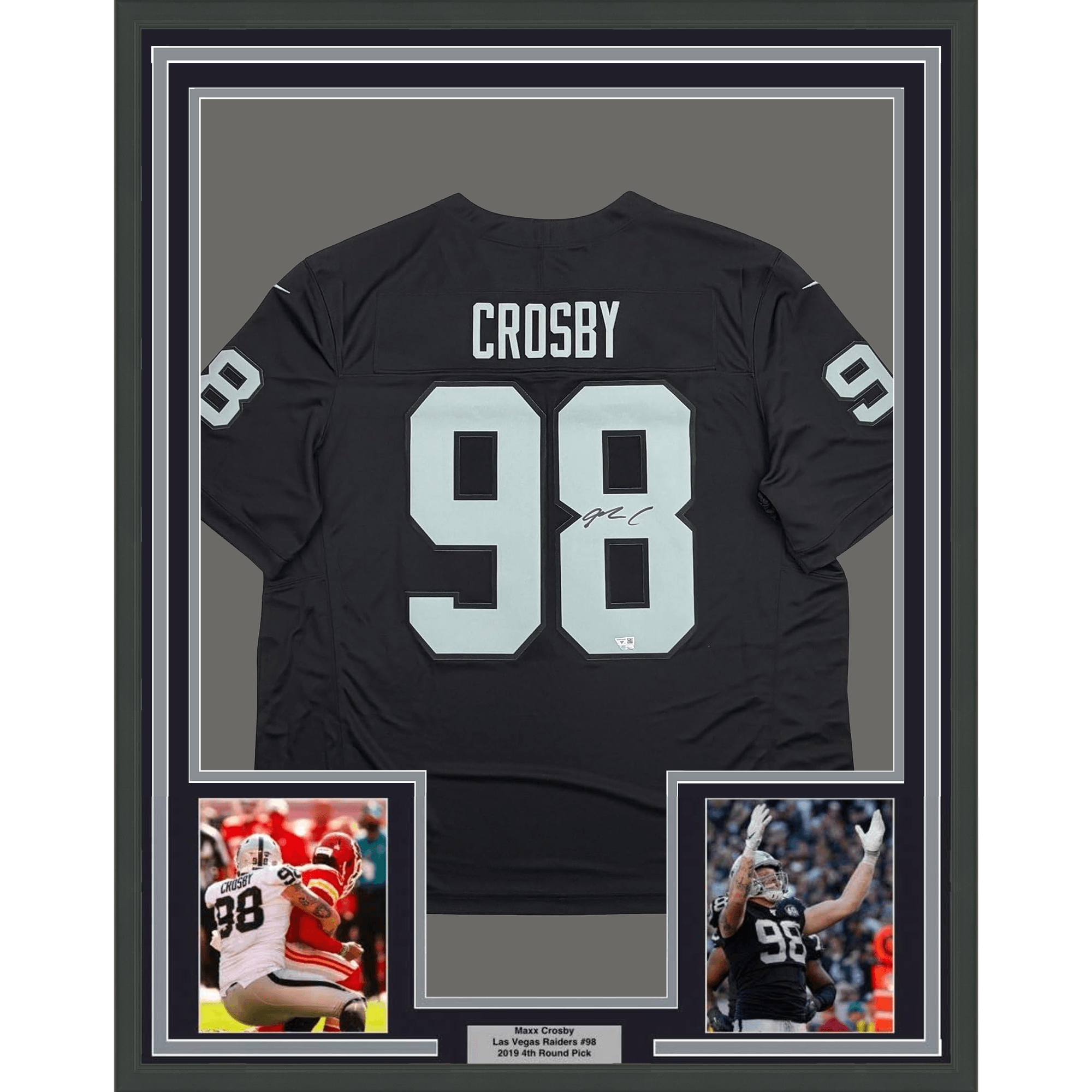 Framed Autographed/Signed Maxx Crosby 35x39 Oakland Las Vegas Raiders Black Authentic Football Jersey Fanatics COA