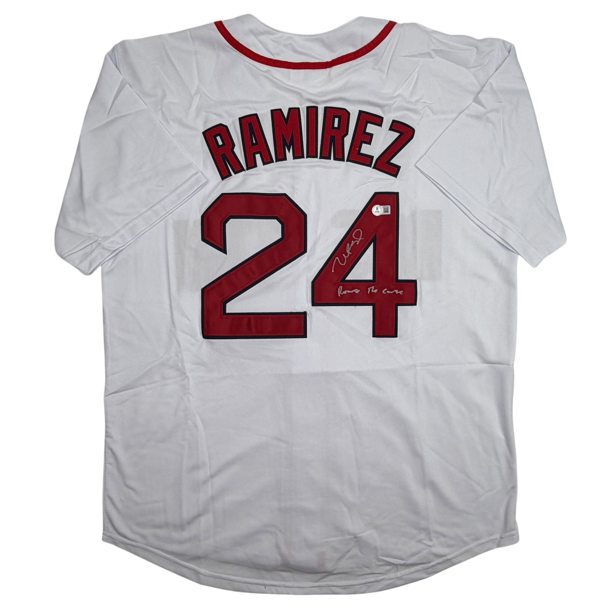 Autographed/Signed Manny Ramirez Reverse The Curse Boston White Baseball Jersey Beckett BAS COA