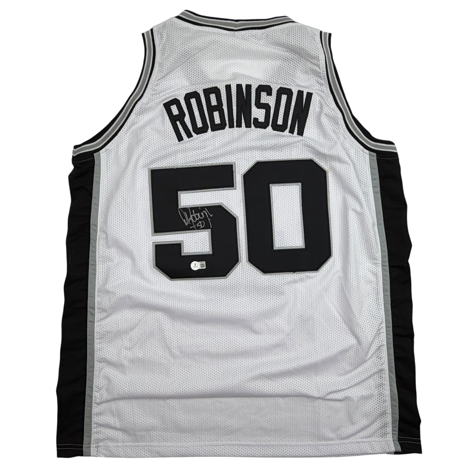 Autographed/Signed David Robinson San Antonio White Basketball Jersey Beckett BAS COA
