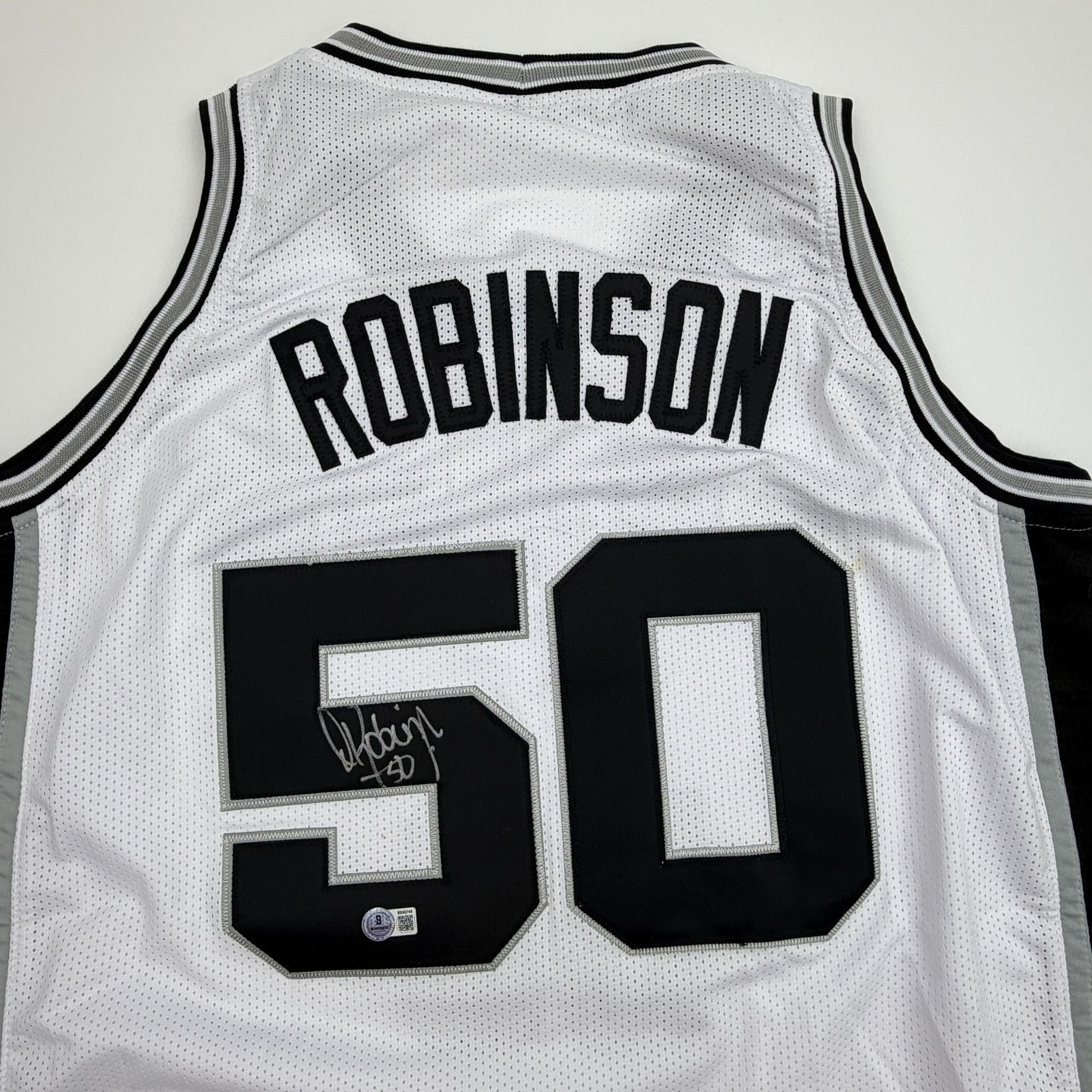 Autographed/Signed David Robinson San Antonio White Basketball Jersey Beckett BAS COA