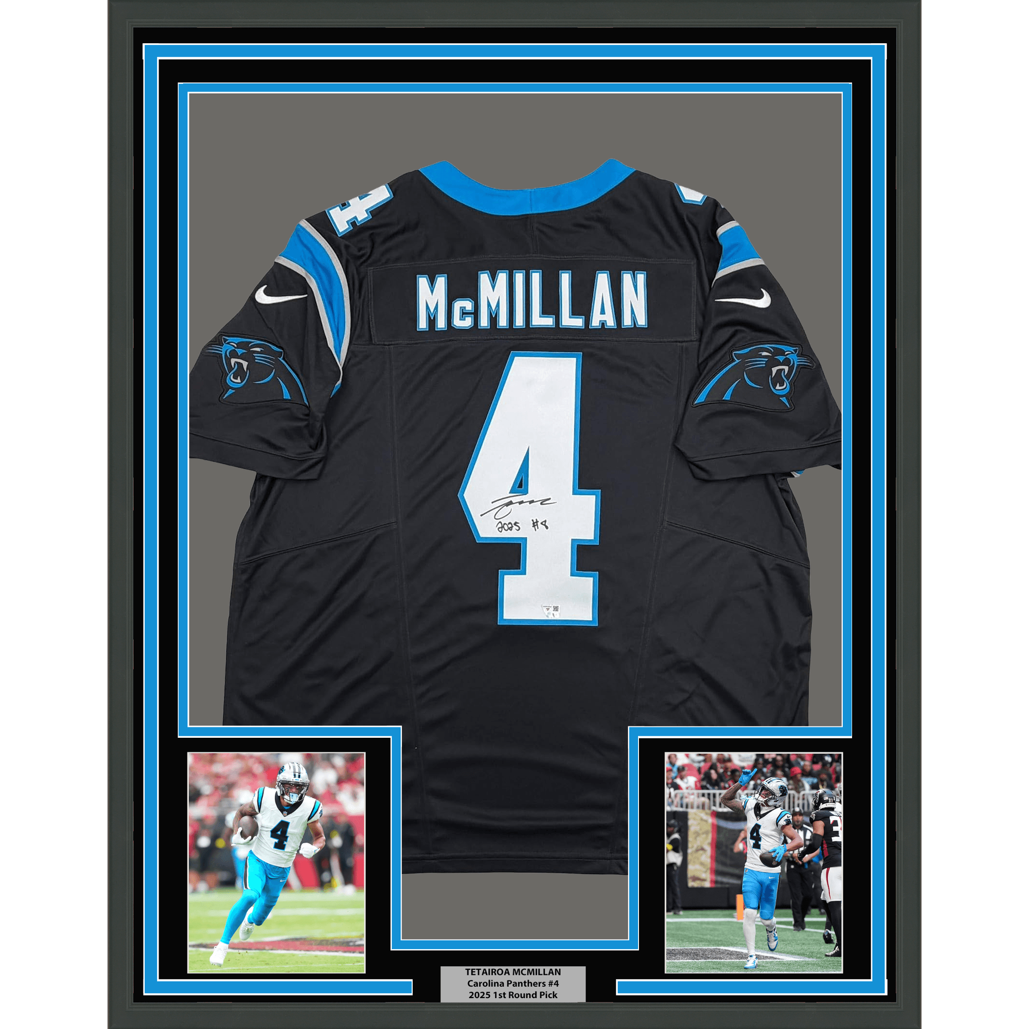 Framed Autographed/Signed Tetairoa McMillan 35x39 Carolina Panthers Black Authentic Football Jersey Fanatics COA