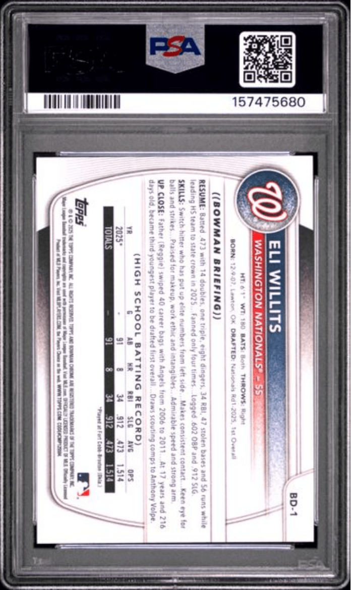 Graded 2025 Topps Bowman Draft Eli Willits #BD1 Rookie RC Baseball Card PSA 10 Gem Mint