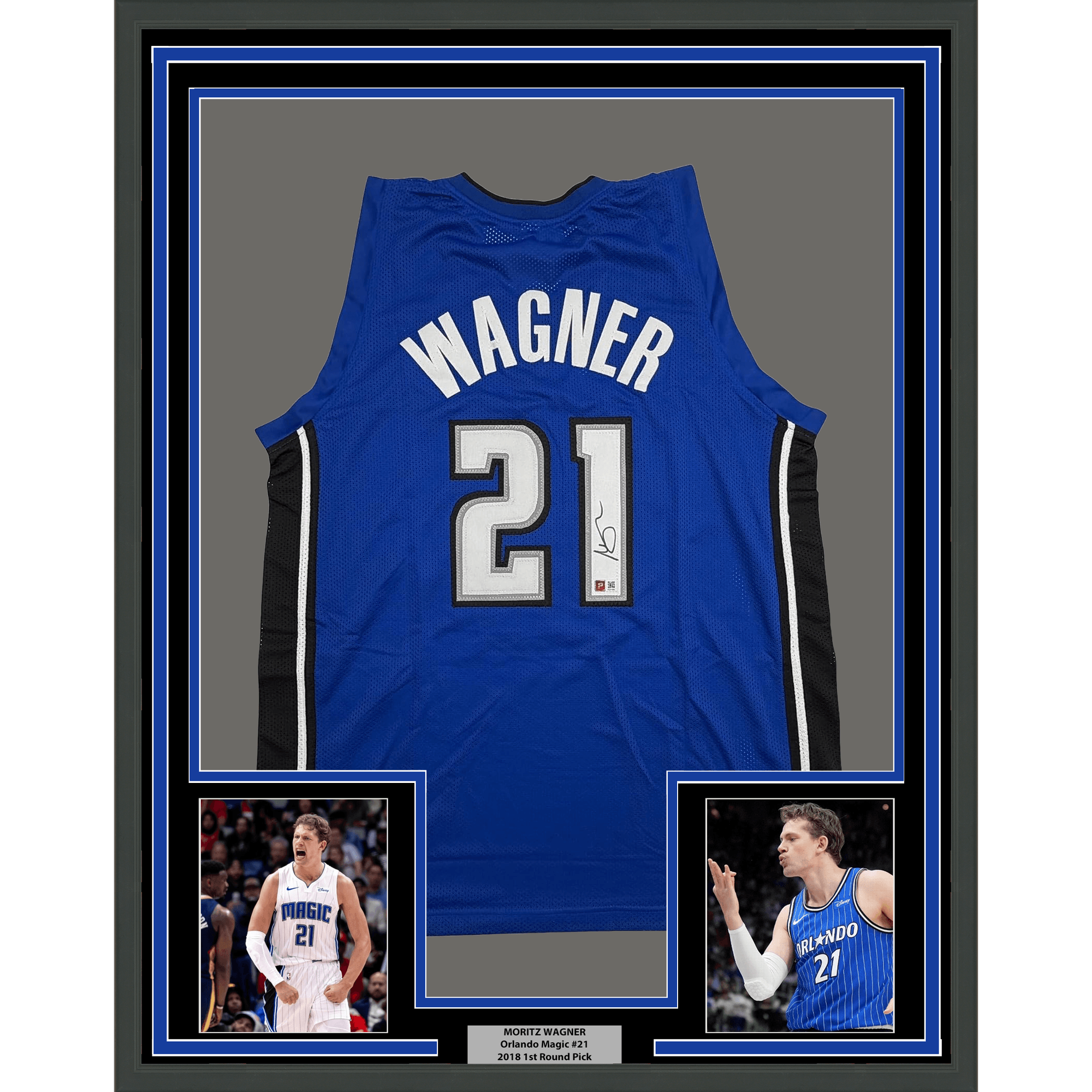 Framed Autographed/Signed Moritz Moe Wagner 35x39 Orlando Blue Basketball Jersey Pristine PA COA